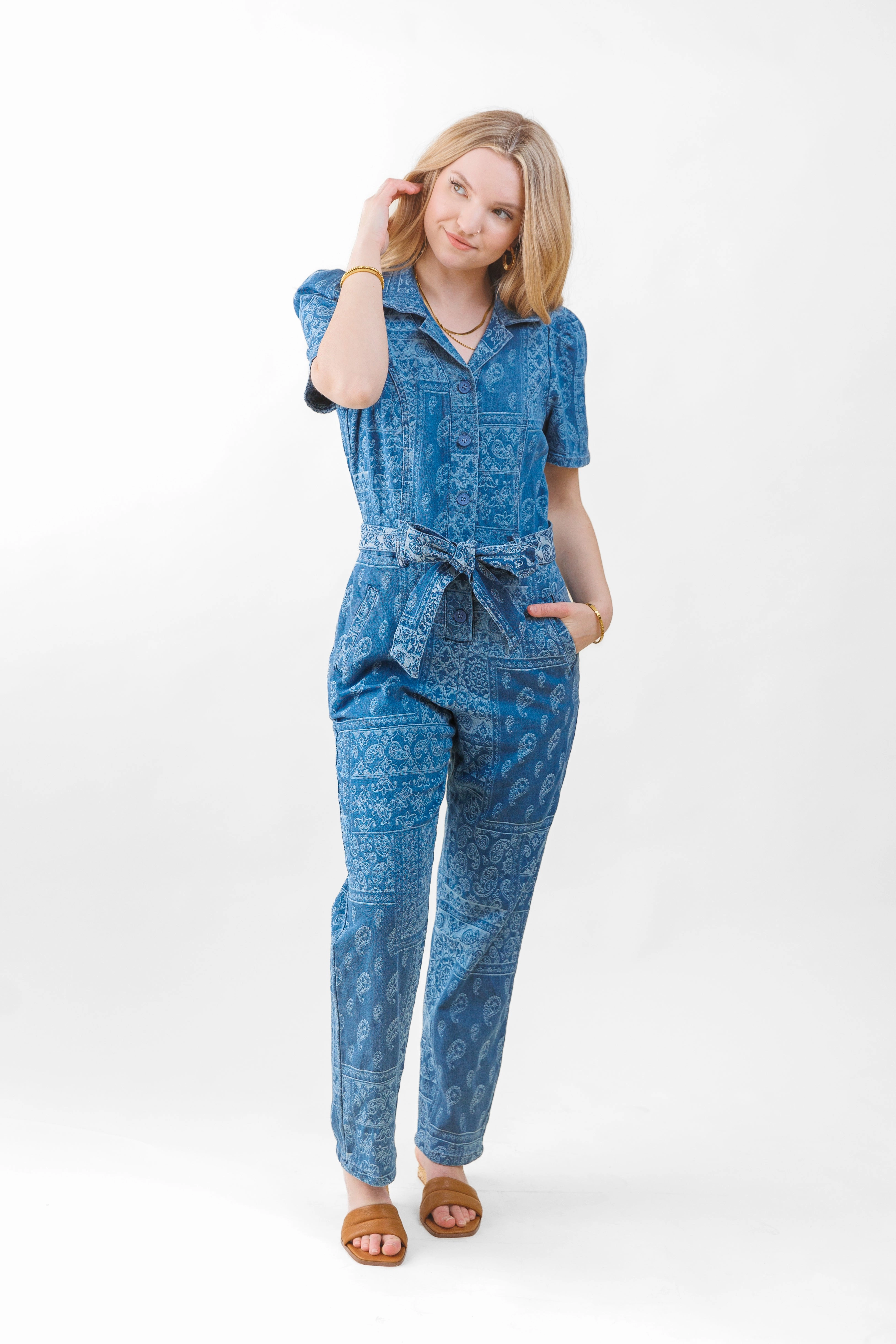 Relaxed Date Basic Office ELIZA DENIM JACQUARD JUMPSUIT