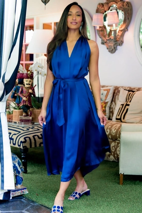 Stud-Detail Elizabeth Dress / Lapis Silk