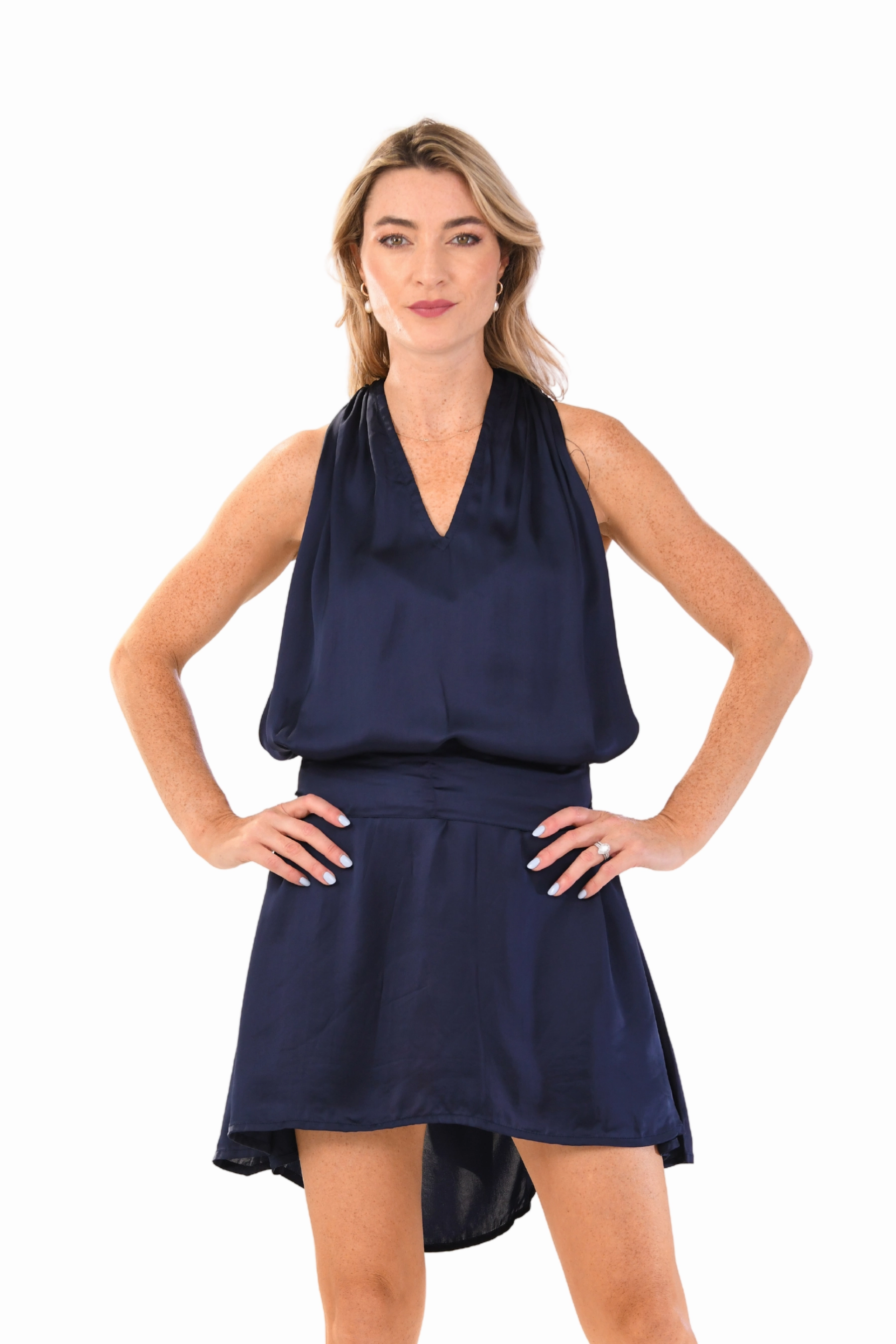 Short Sleeve Silk Shine Elizabeth Dress Short / Sapphire