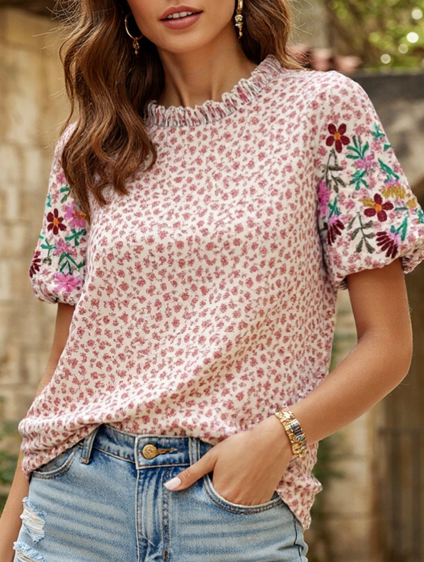 Anti Bacterial Layer Modern Silhouette Embroidered Printed Turtleneck Blouse ??Boho Chic High Neck Long Sleeve Top