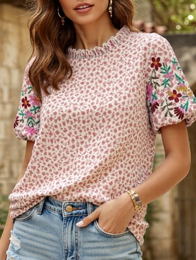 Anti Bacterial Layer Modern Silhouette Embroidered Printed Turtleneck Blouse ??Boho Chic High Neck Long Sleeve Top