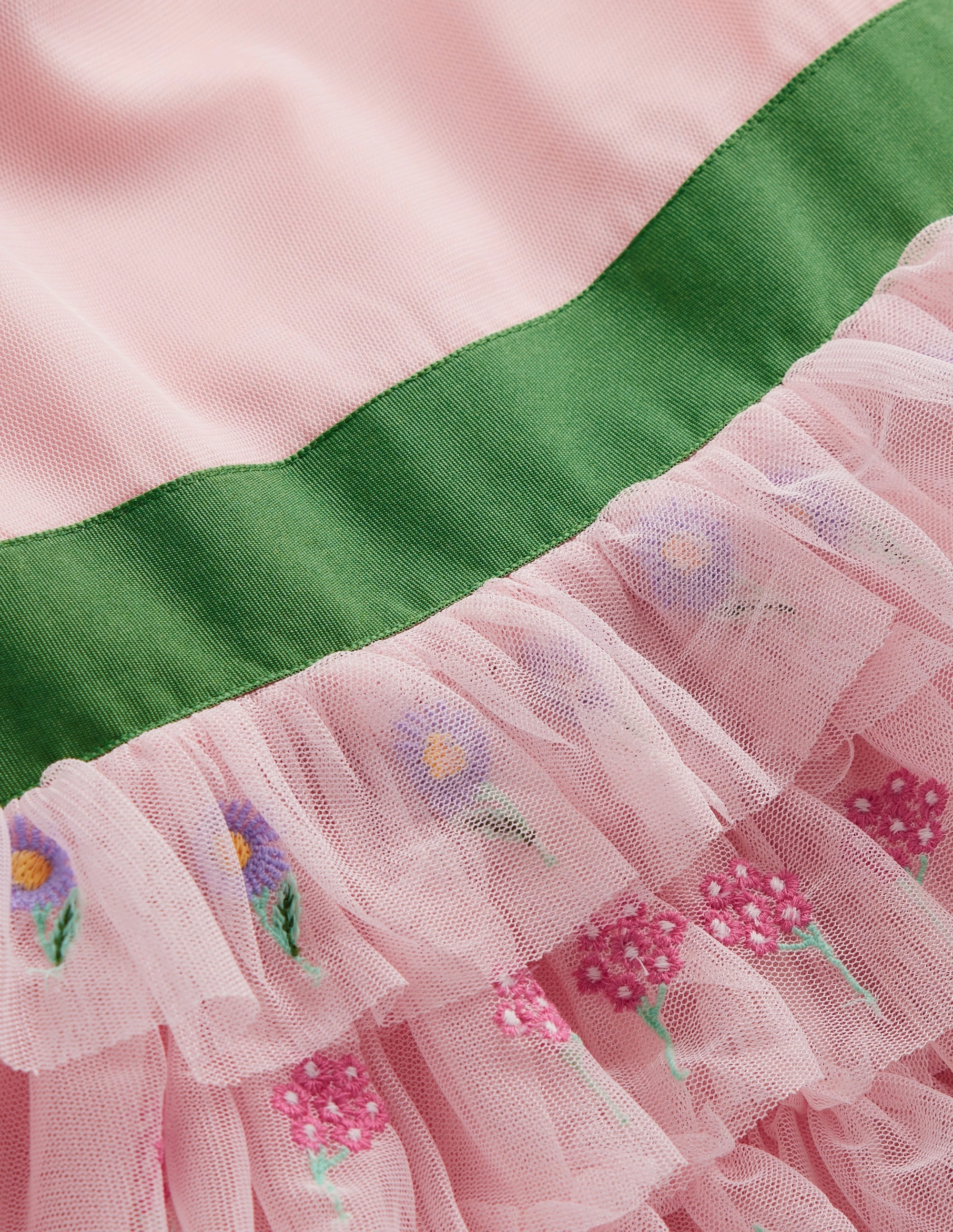 Elastic Fit Embroidered Tulle Dress-Chalk Pink Flowers