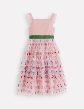 Timeless Edge Clasp-Closure Embroidered Tulle Dress-Chalk Pink Flowers