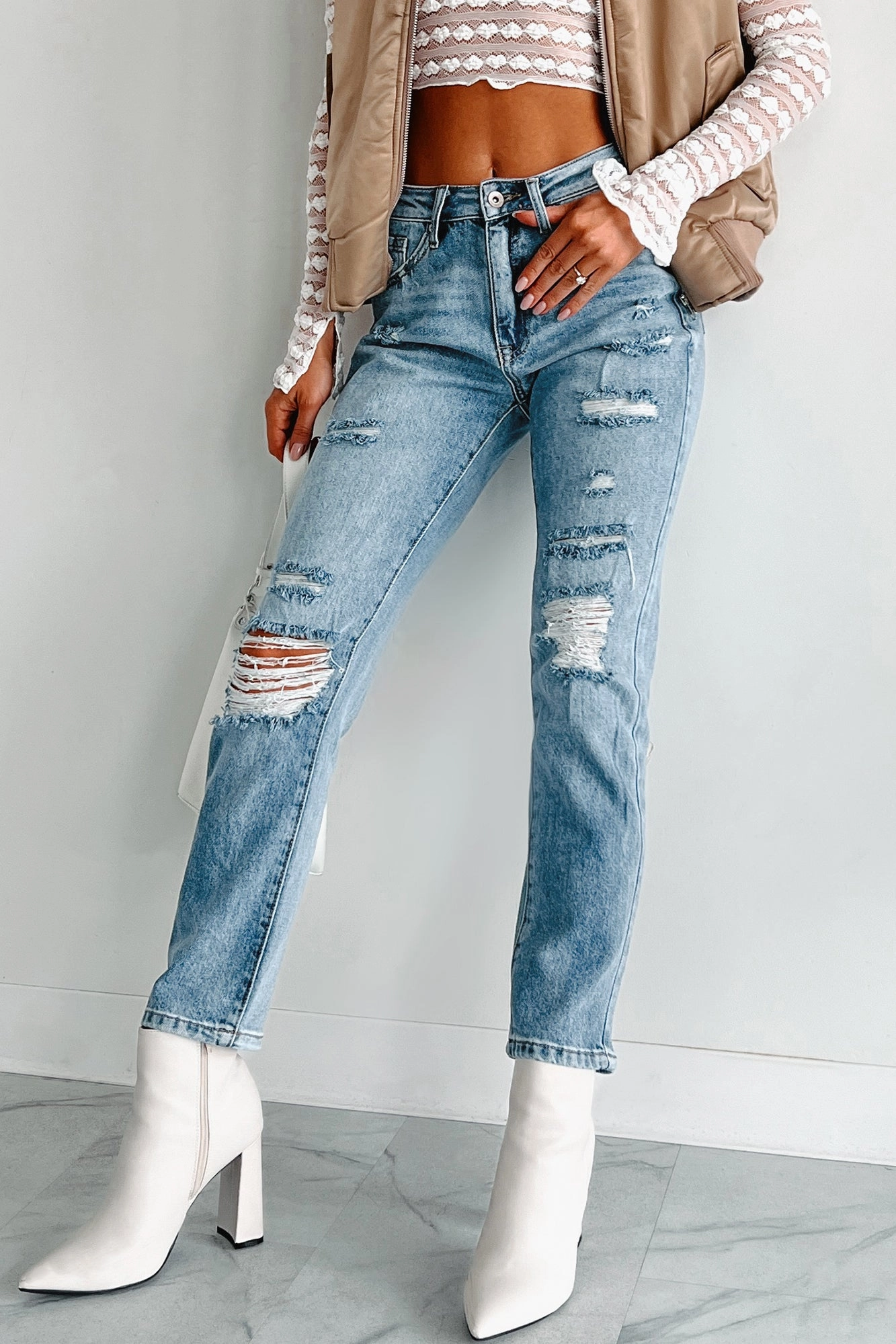 Emilio High Rise Distressed Rigid Stretch Special A Jeans (Medium Light) Layering Essential Workout Ready