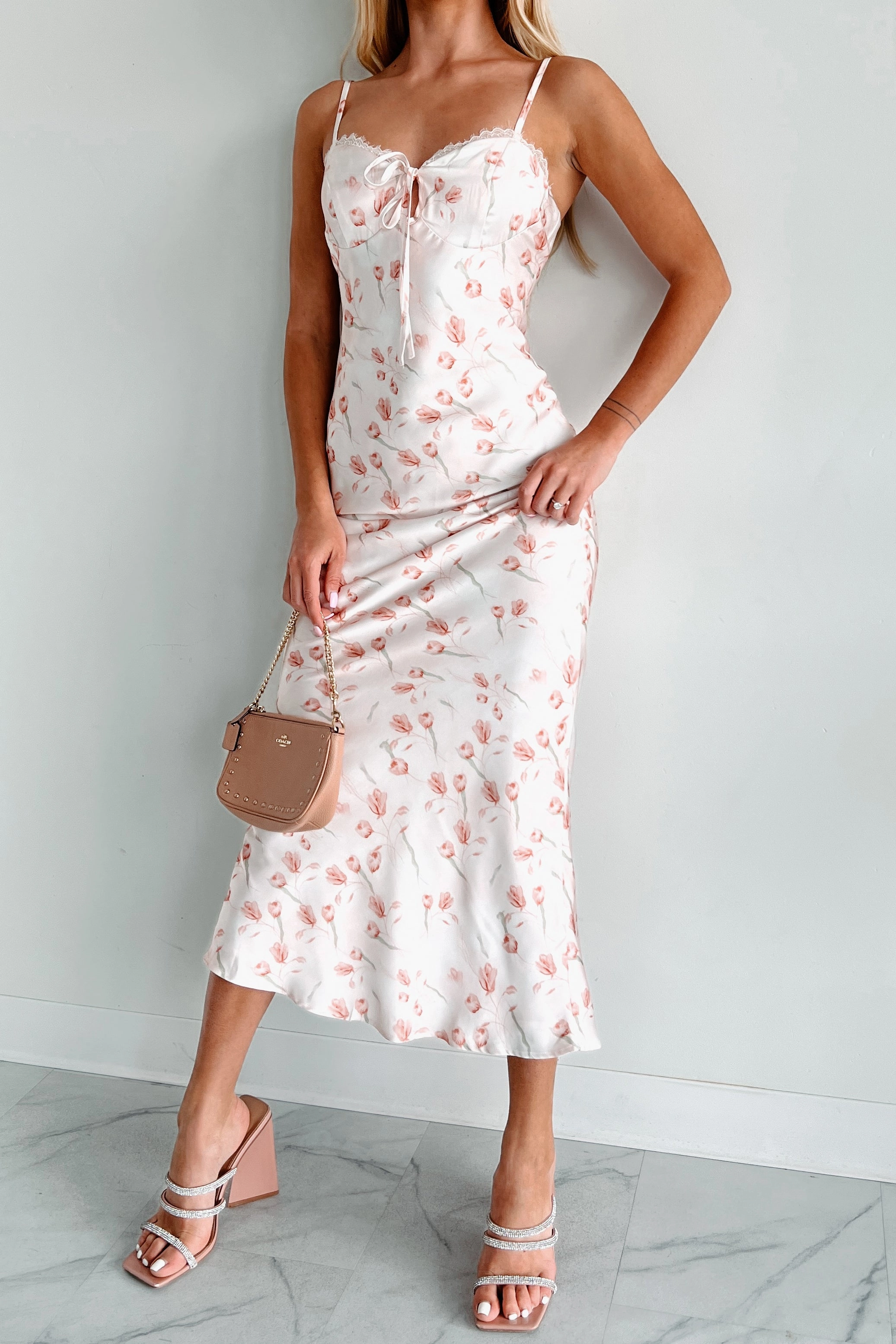 Enchanting Elegance Floral Satin Midi Dress (Blush) Sophisticated Elegance Lounge Feel