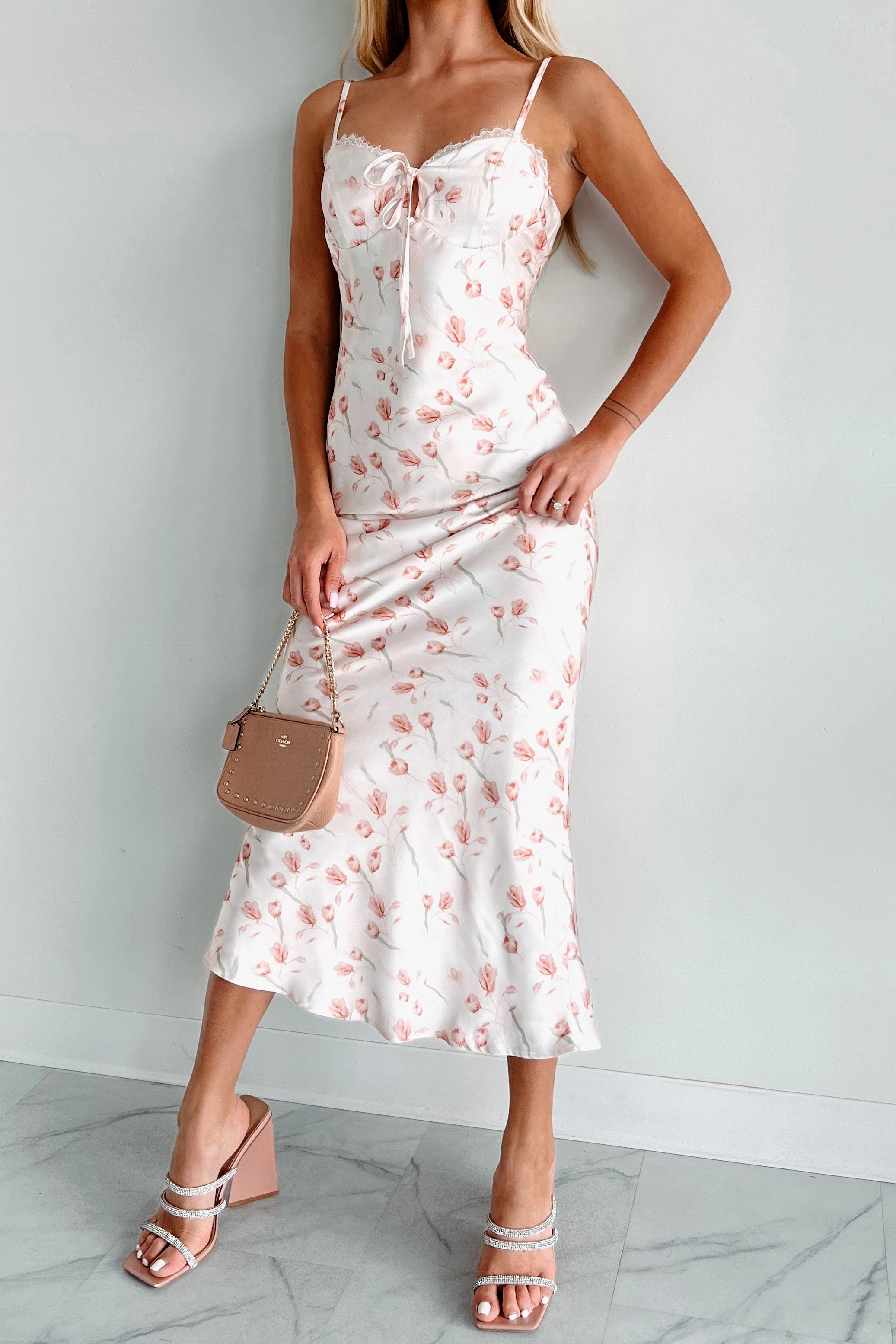 Enchanting Elegance Floral Satin Midi Dress (Blush) Clean Mood