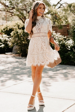 Smart Silhouette Office Casual Epitome Of Class Lace Open Back Dress (Ivory)