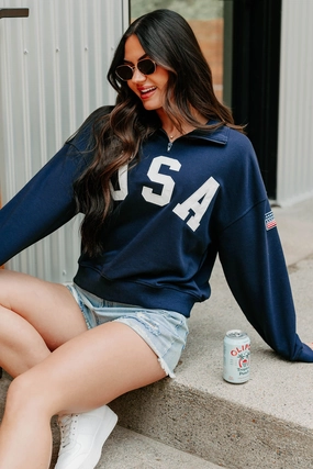 Spacious Skies "USA" Half Zip Sweatshirt (Navy) NonRestrictive Fit