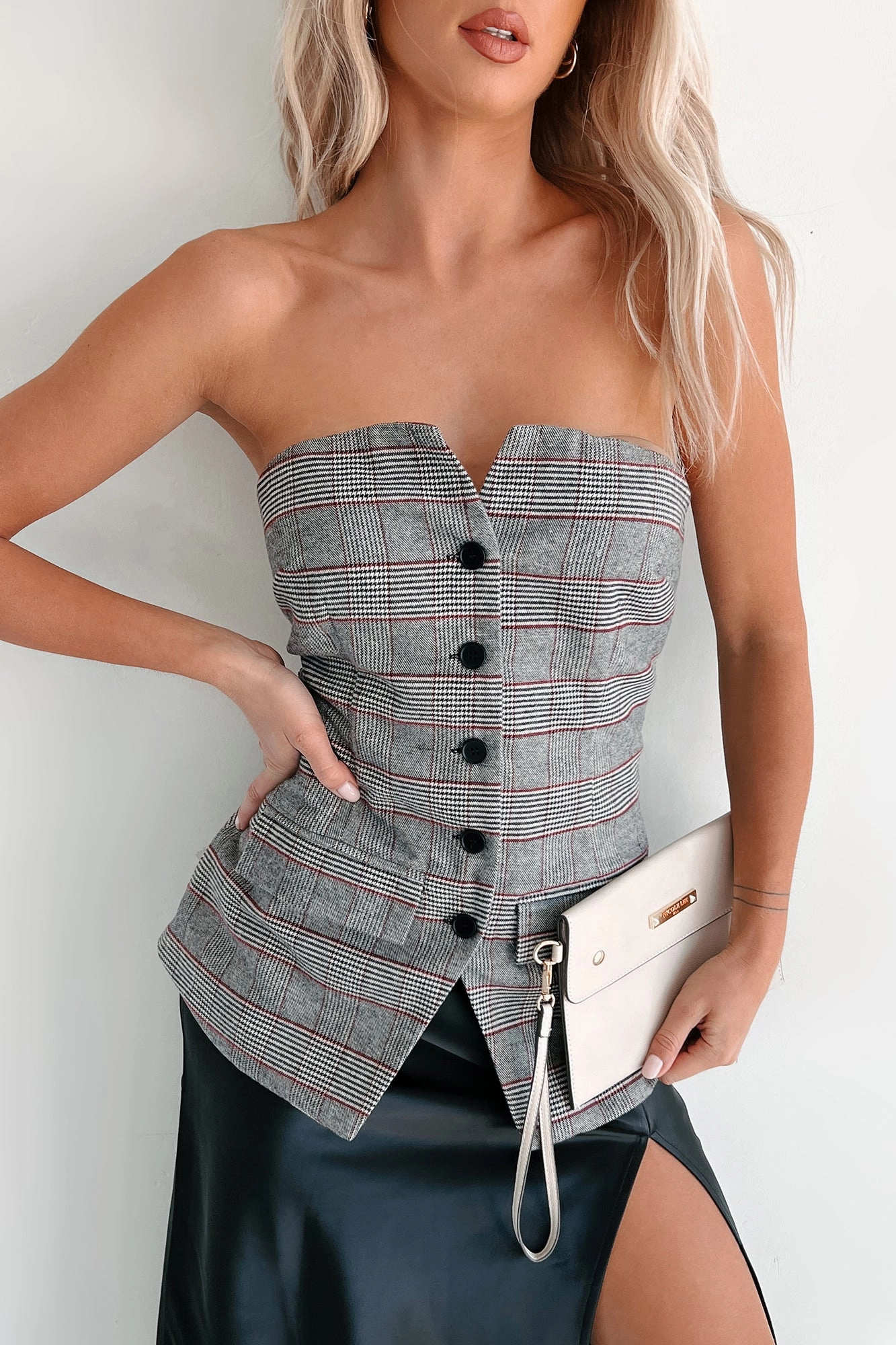 Elite Class Strapless Plaid Top (Multi) Compact Weave Fabric Reflective Safety Accents