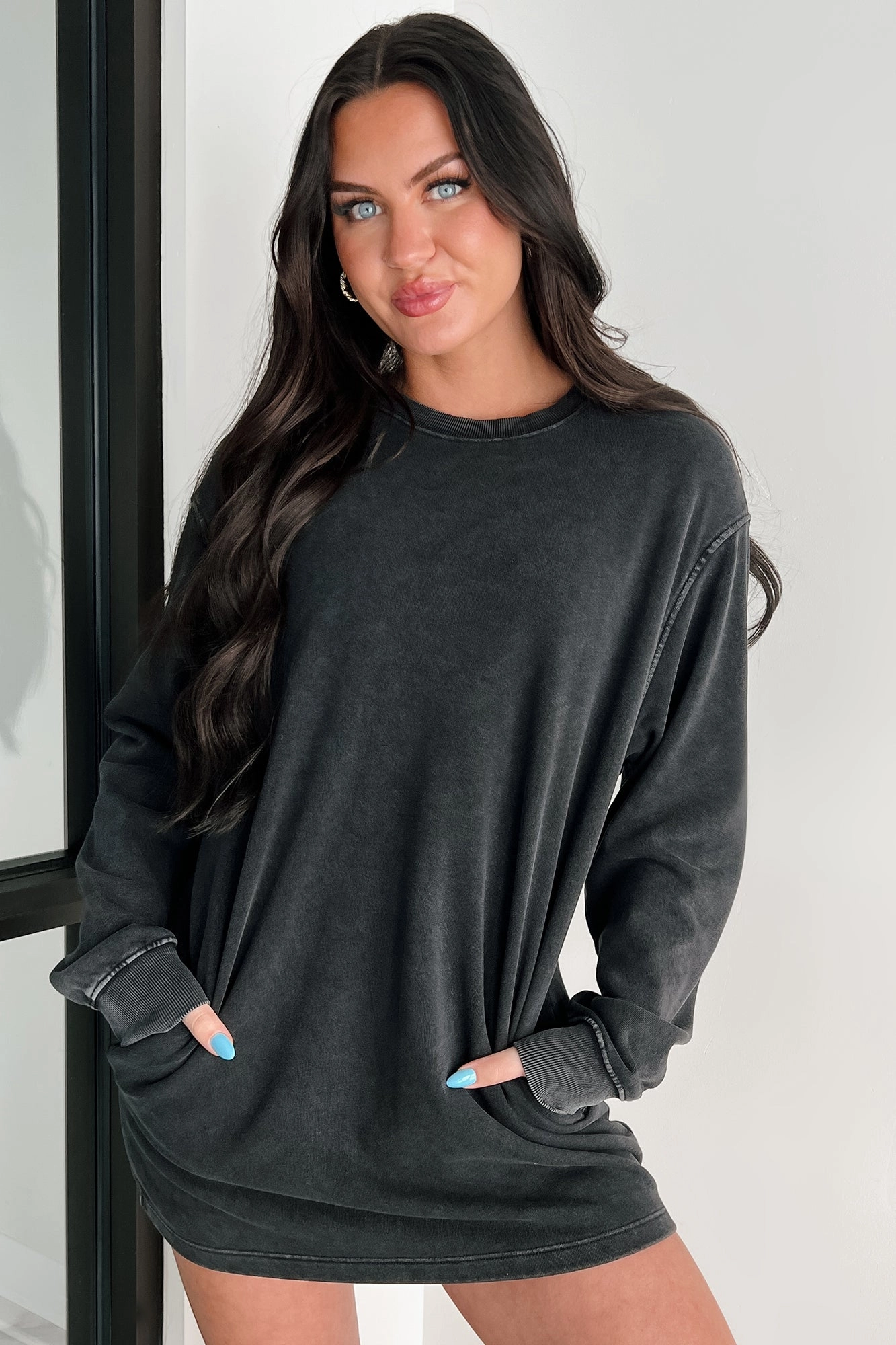 Essentially Comfortable Oversized Sweatshirt Dress (Black) Built-In-Slip Cotton Skin