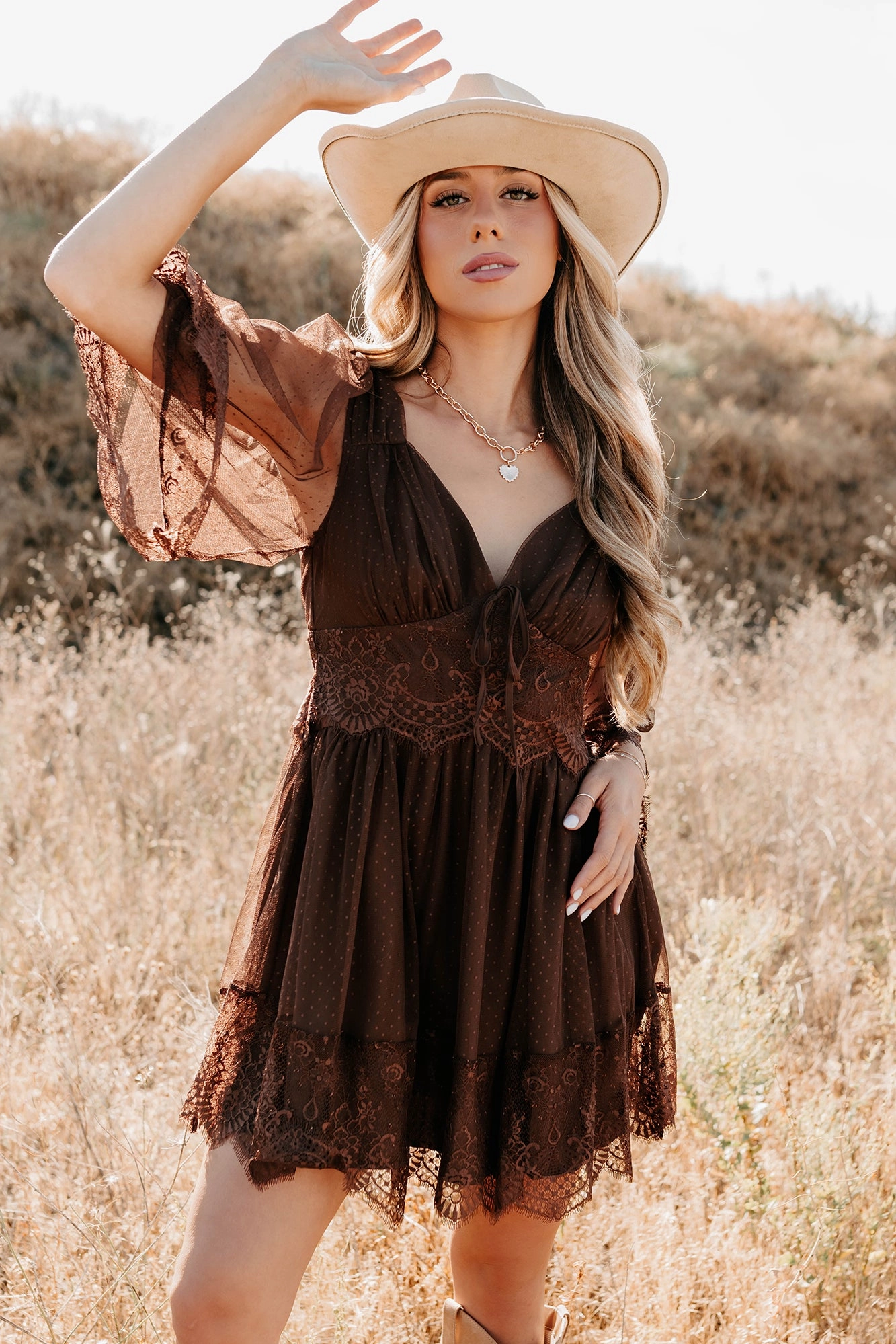 Leg-Lengthening Ethereal Aura Dotted Mesh Mini Dress (Chocolate) - Ships by 10/10