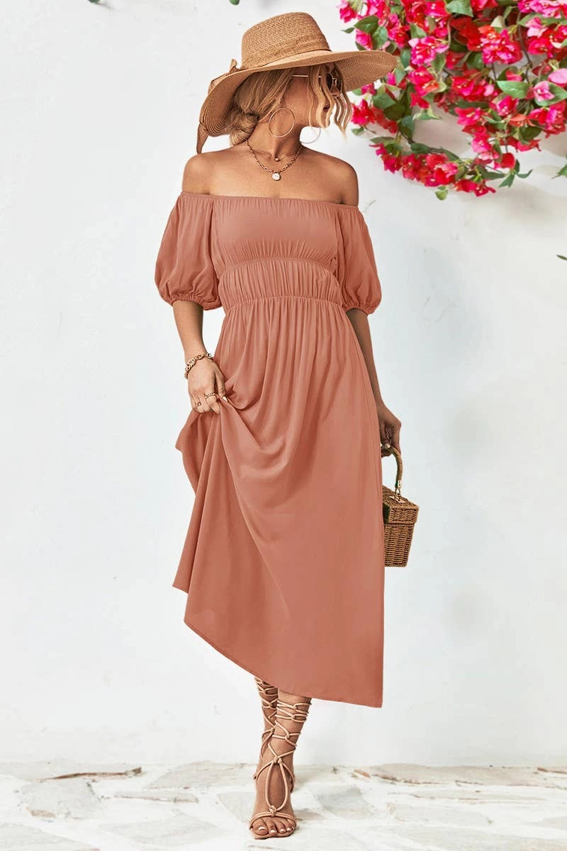Silky-Lining Bodycon-Fit A STRAIGHT SHOULDER SHORT SLEEVE LONG DRESS_CWDMD1212