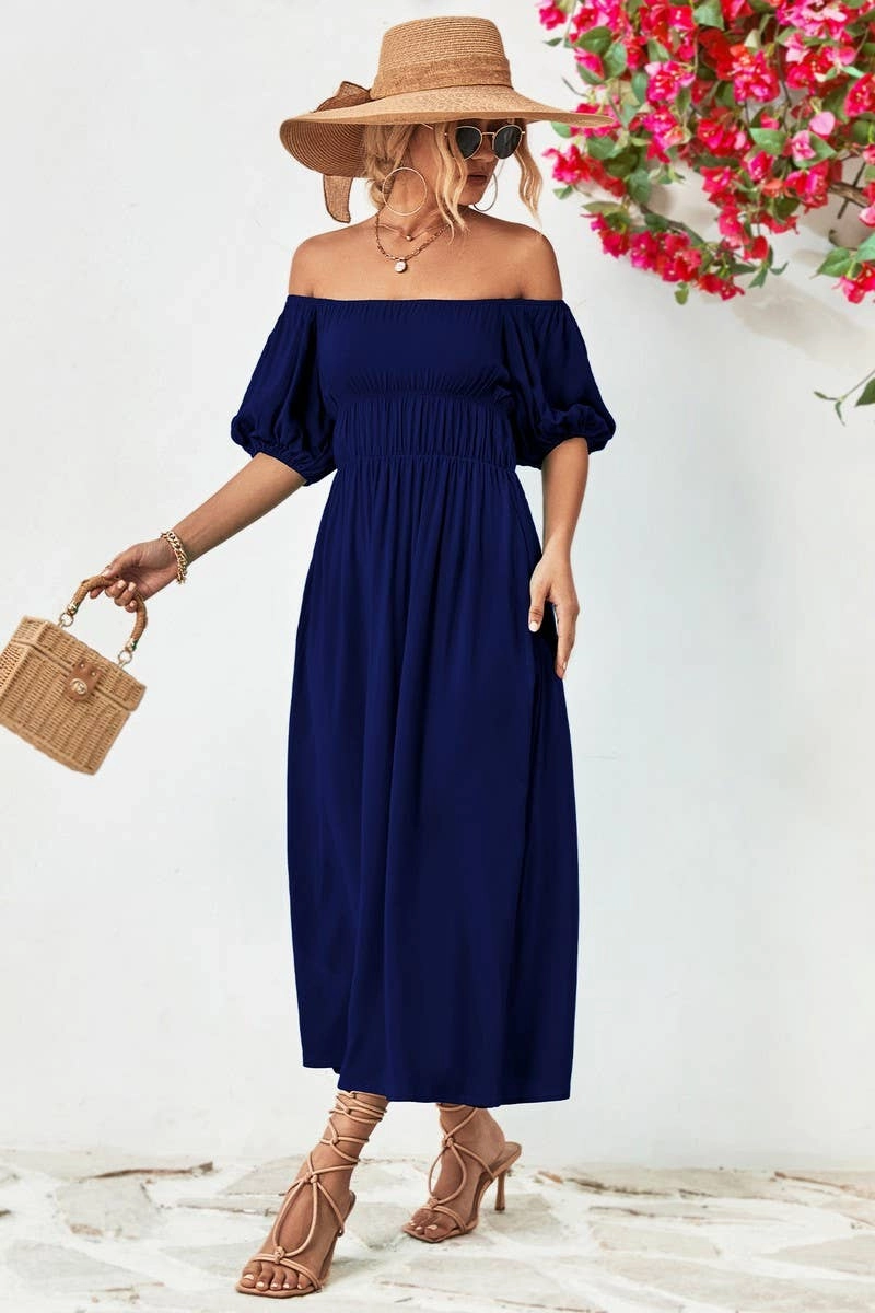 Practical-Style A STRAIGHT SHOULDER SHORT SLEEVE LONG DRESS_CWDMD1212
