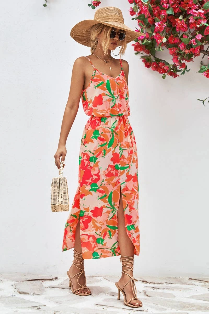 Perfectly Fit Look Scoop-Neck CONDOLE BELT PRINTING SPLIT DRESS_CWDSD2621