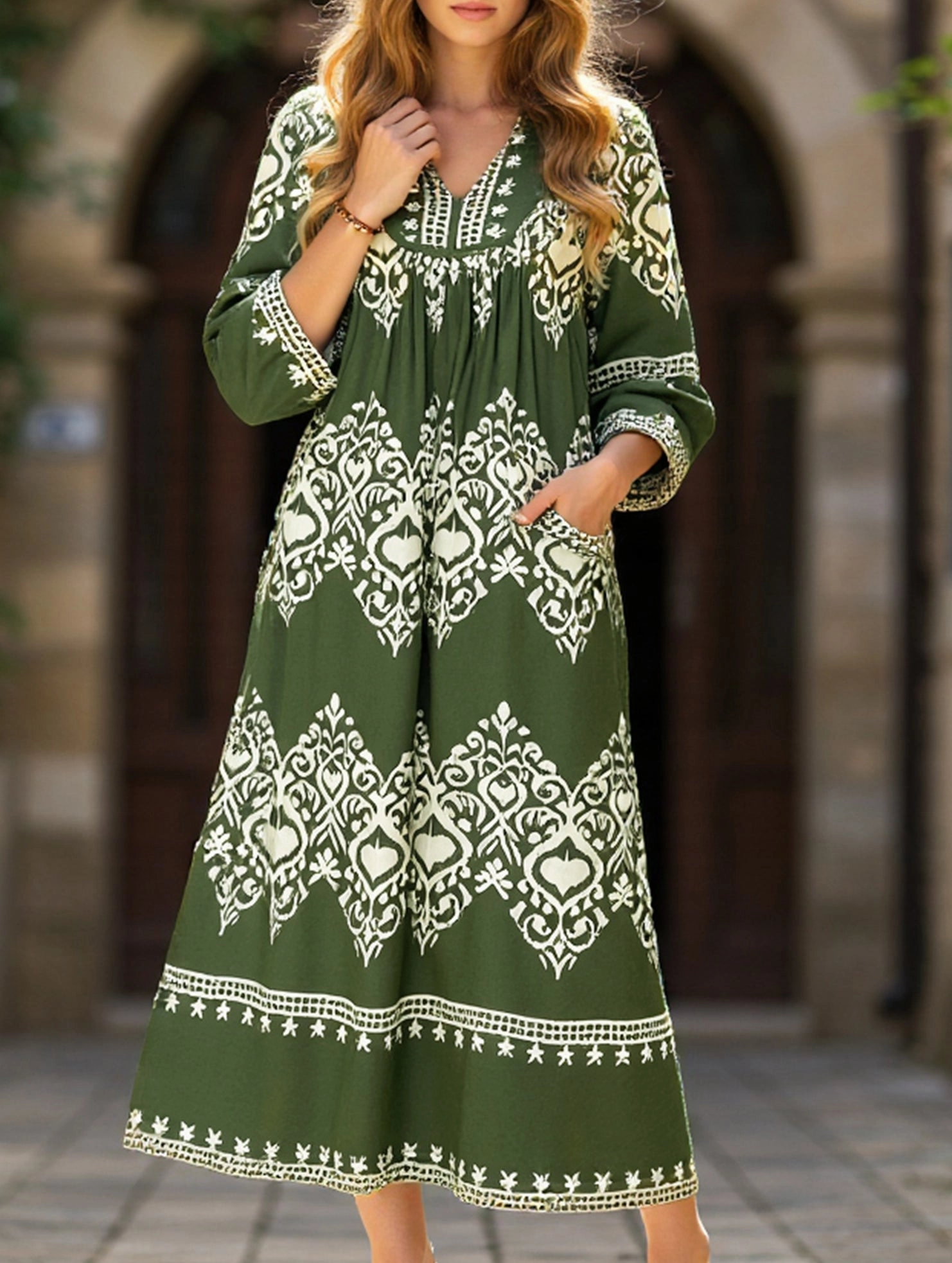 Soft Tone Ethnic style geometric print loose dress