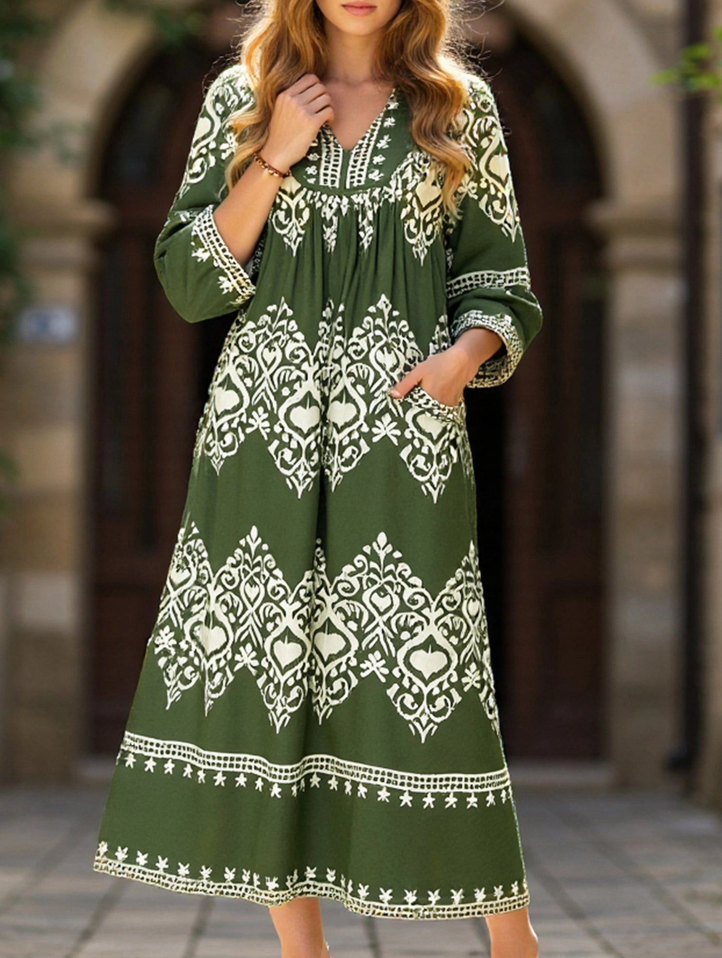 Ethnic style geometric print loose dress Water-resistant