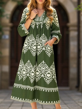 Ethnic style geometric print loose dress Removable-Straps