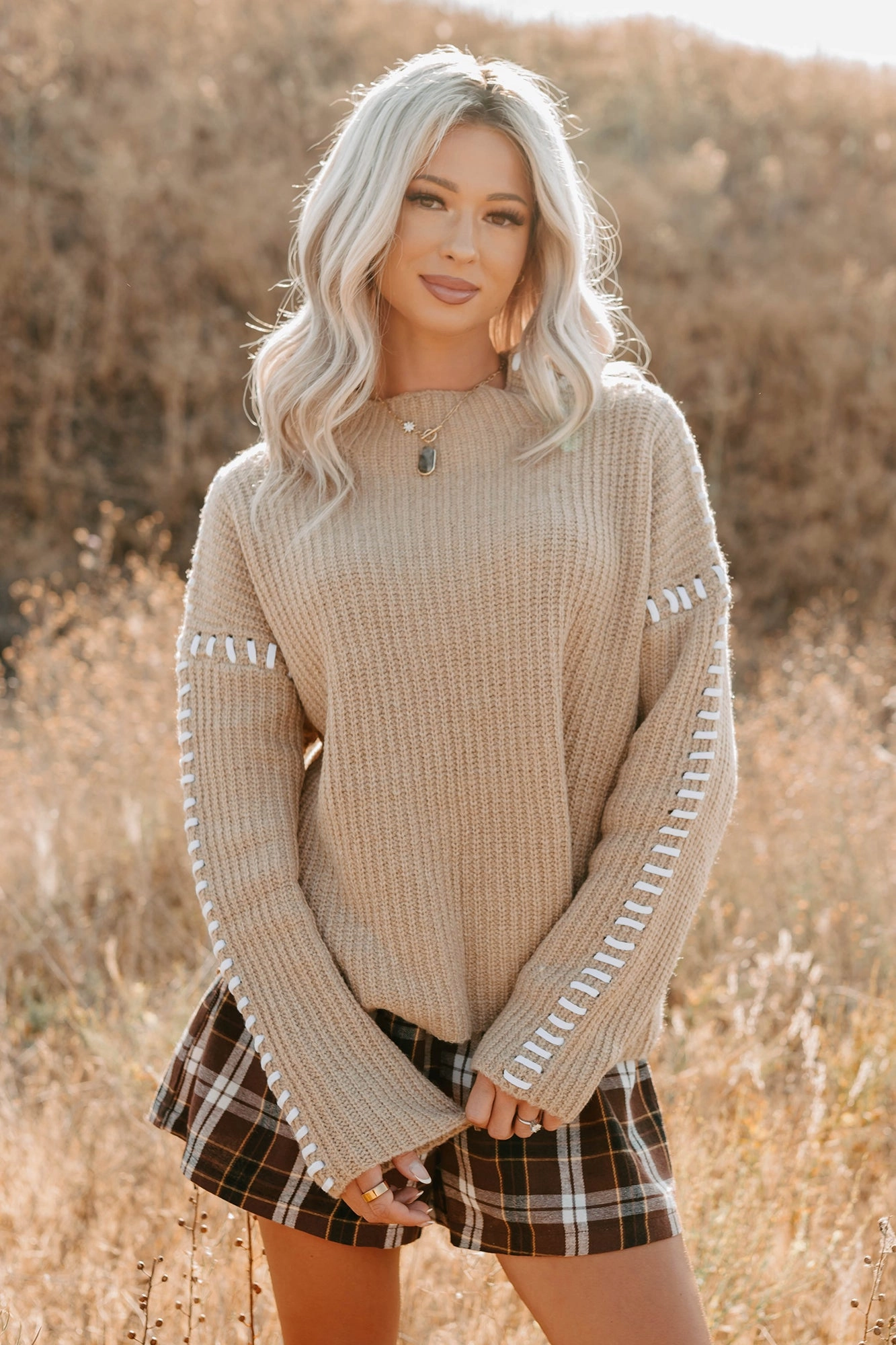 Wrinkle Resistant Weave Evening Calm Stitch Detail FORE Sweater (Tan)