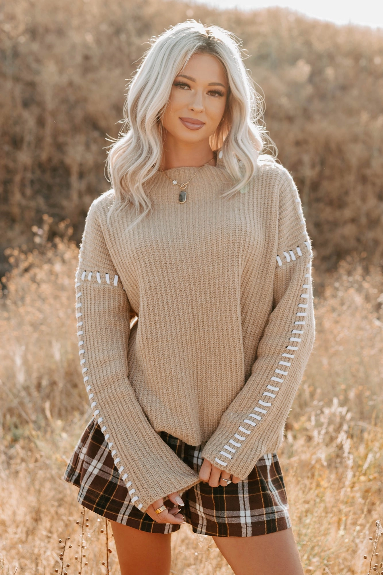 Evening Calm Stitch Detail FORE Sweater (Tan) Formal top Tencel Lyocell Fiber