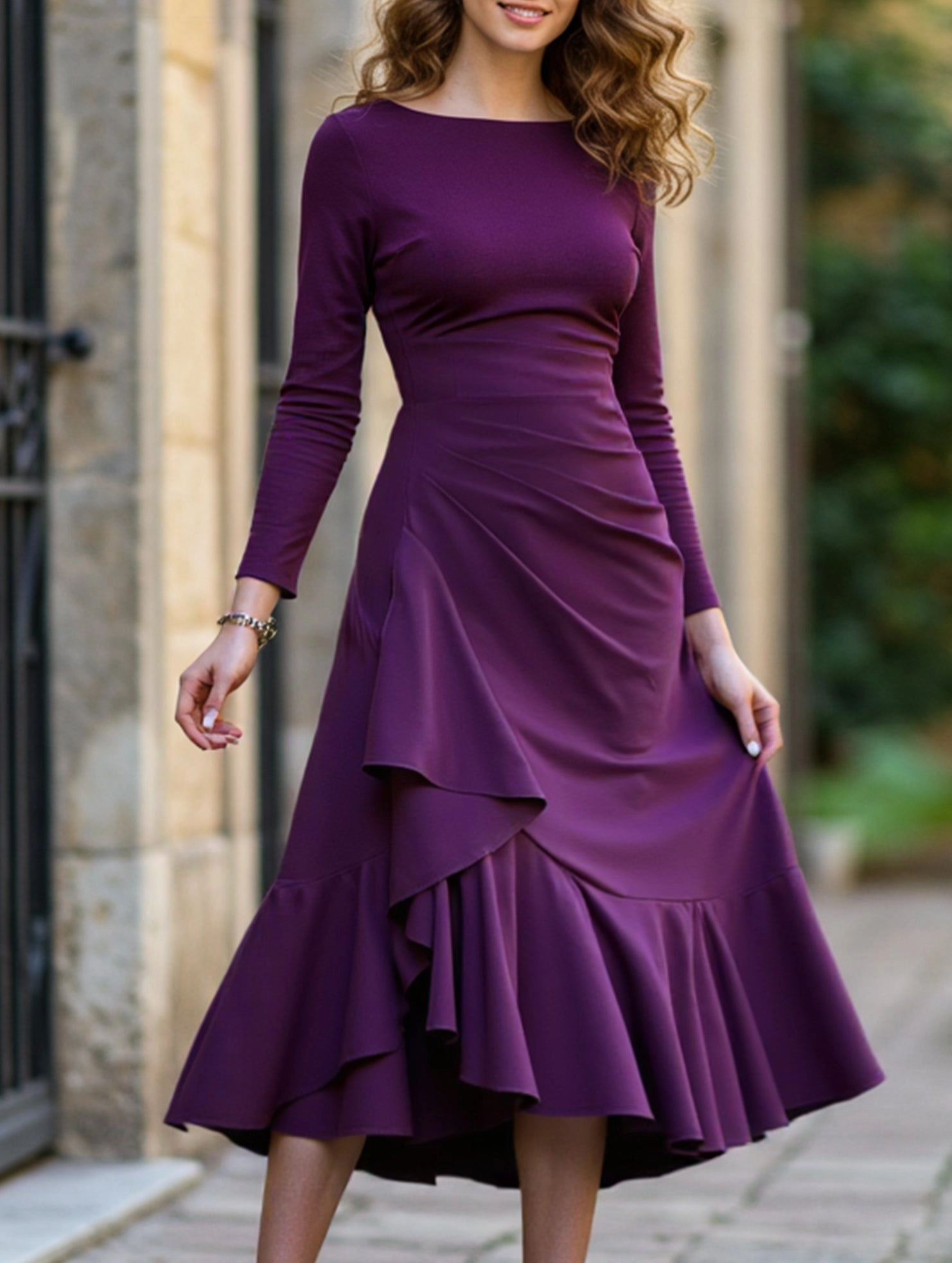 Church Scene Cozy Comfort Solid color long sleeve round neck women dress