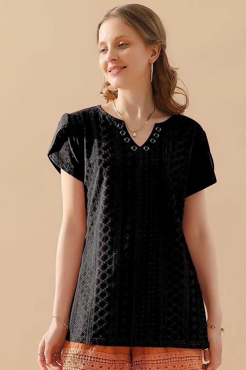 BiodegradableFabric BUCKLED V NECK PUNCHING LACE TULIP SLEEVE TEE