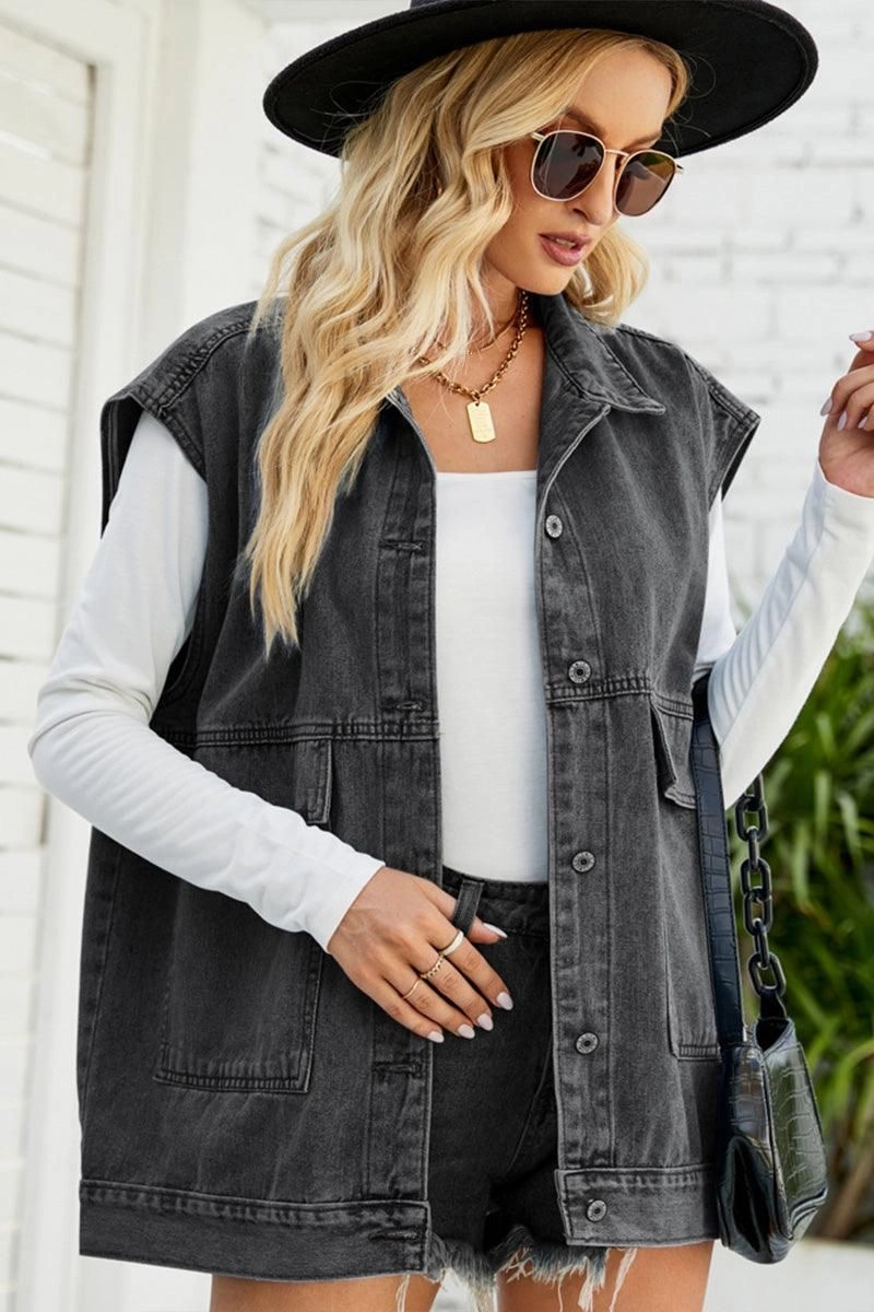 NonRestrictiveCut UV protection layer FADED DENIM BUTTON UP FLAT POCKET COLLAR VEST