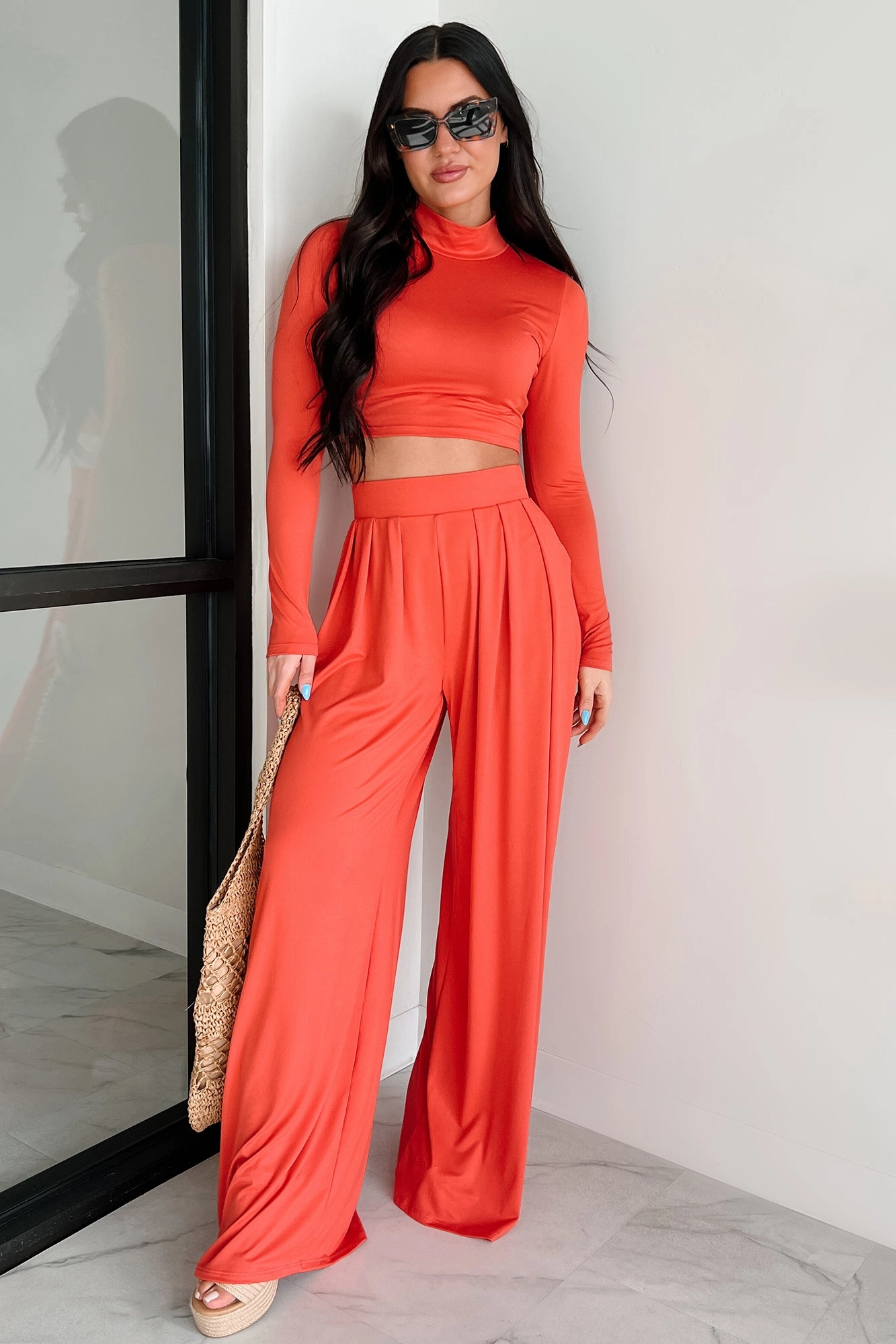 Faded Dreams Long Sleeve Crop Top & Pant Set (Dark Coral) Elasticated Hem Reflective Detailing
