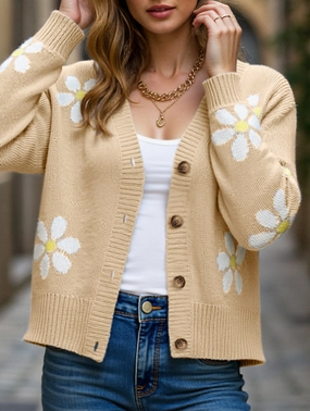 Fall Floral Button Varsity Sweater Jacket Quick Access Pockets