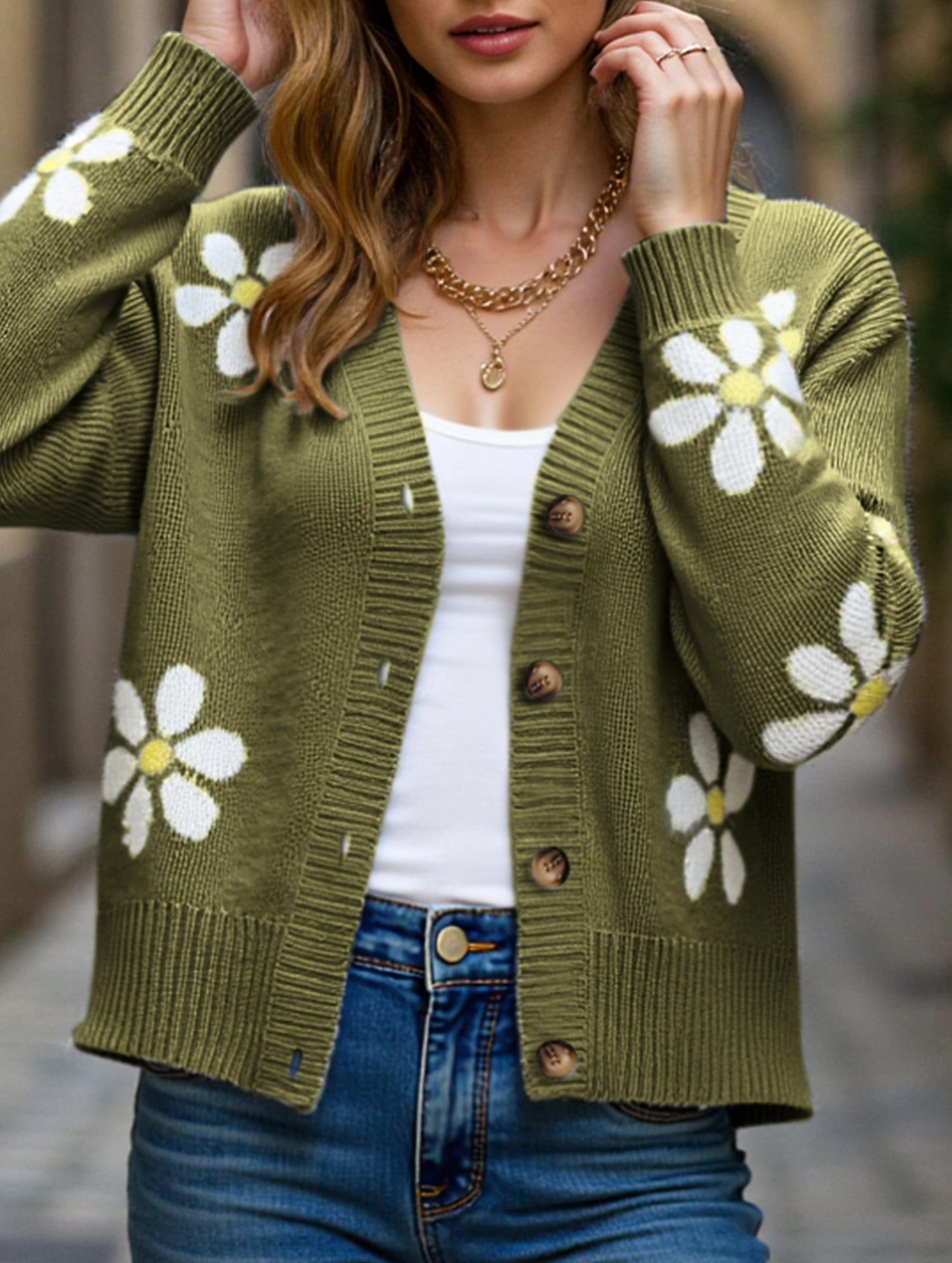 Recycled Polyester Fabric Breathable3DKnit Fall Floral Button Varsity Sweater Jacket