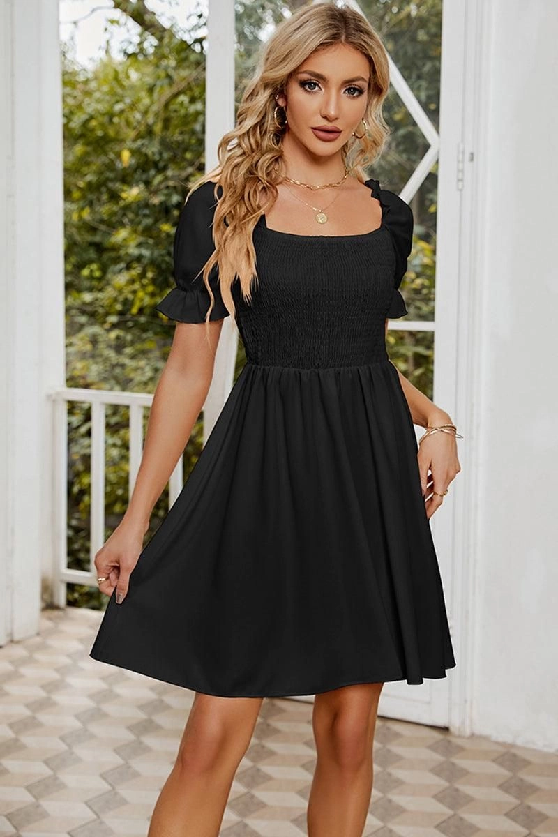 Summer Mood SQUARE NECK PUFF SLEEVES PLEATED SHORT DRESS