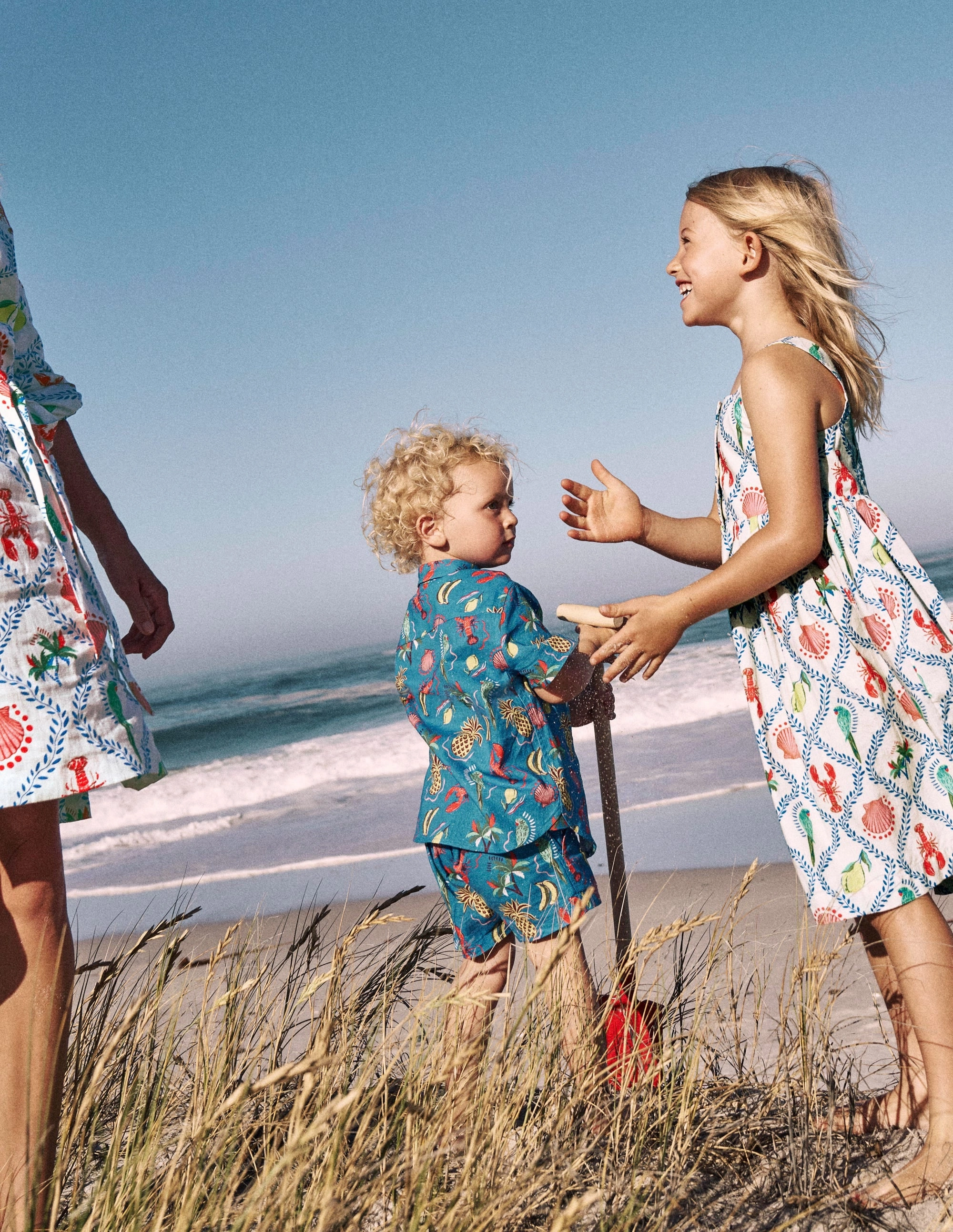 Midweight Four Way Stretch Cotton Linen Shirt-Bright Blue Tropical Print