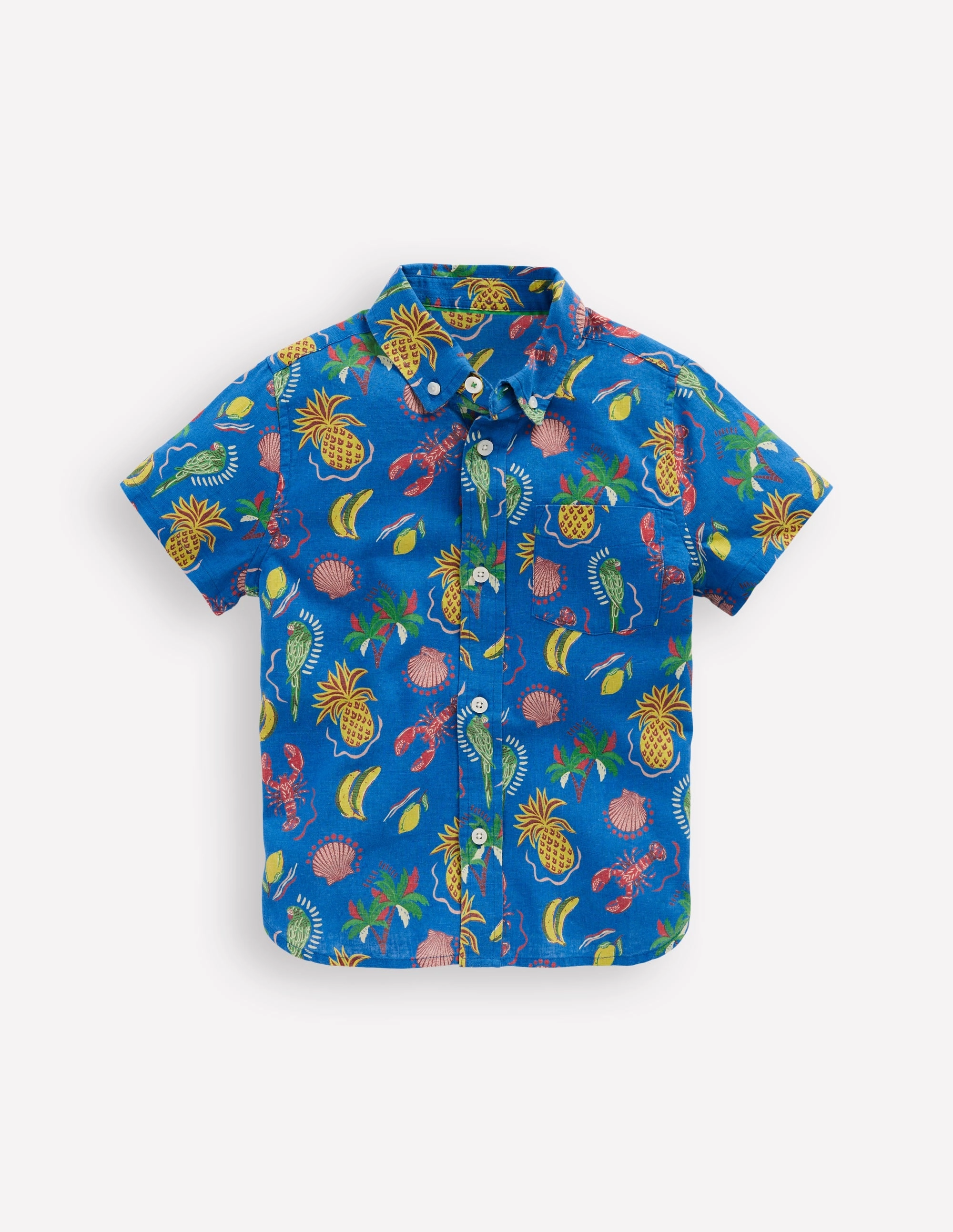 Cotton Linen Shirt-Bright Blue Tropical Print RibbedTrim
