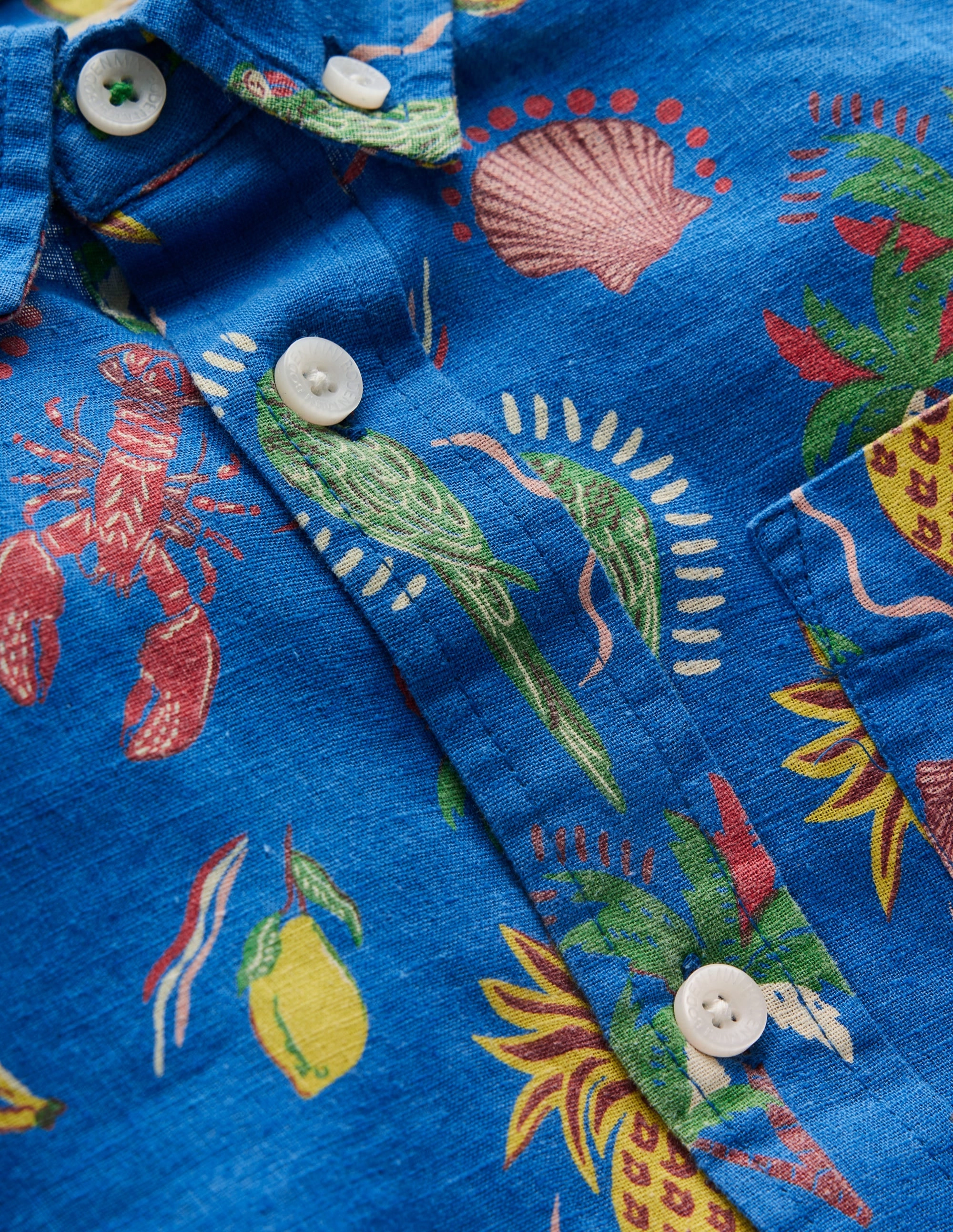LowMaintenance Fabric AntiPill Finish Cotton Linen Shirt-Bright Blue Tropical Print