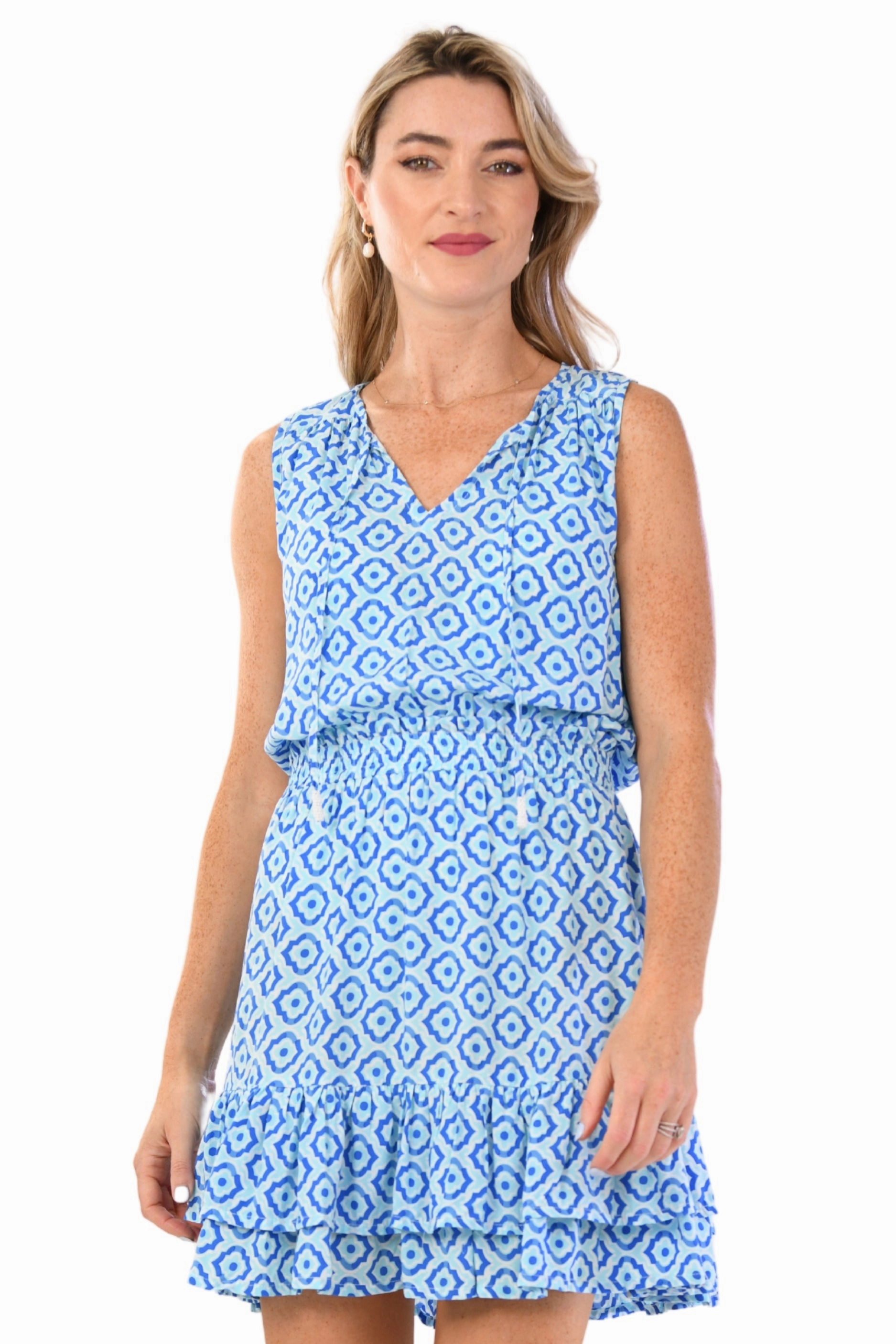 Cloud Light Sheer-Overlay Kaylee Dress / Blue Tiles