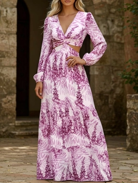 Fashion long printed V-neck long-sleeved dress Tailored Wear Bride Side