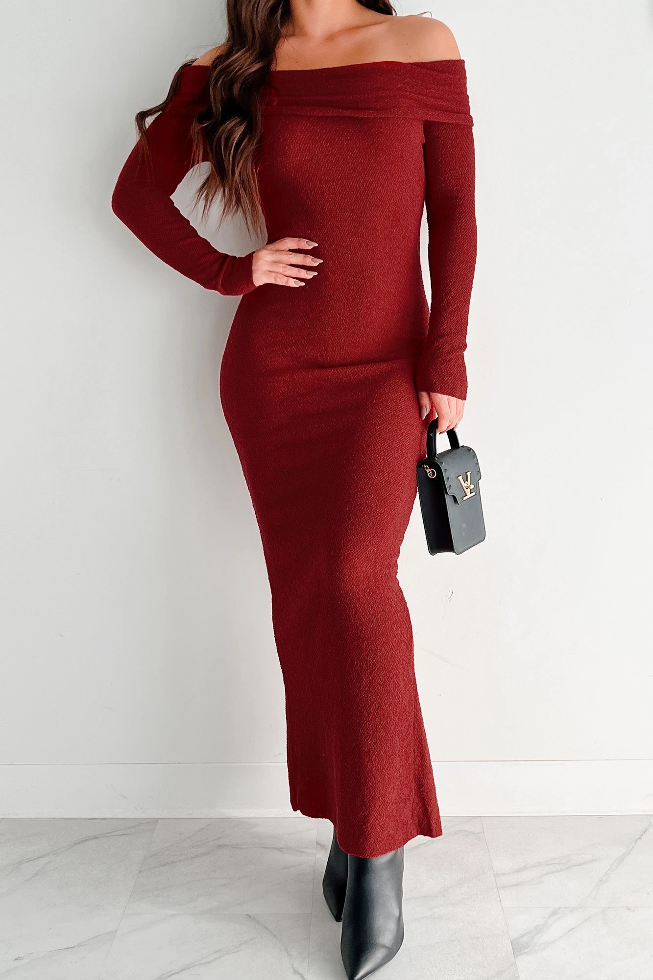 breathable fabric dress Convertible-Style Lovely Words Off The Shoulder Maxi Dress (Burgundy)