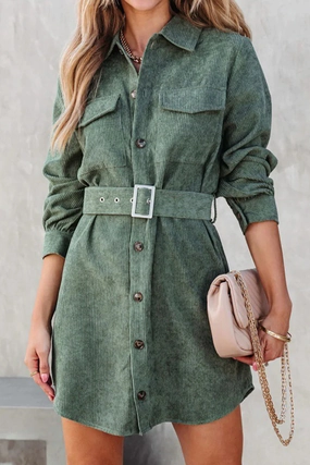 WOMEN BUTTON DOWN CORDUROY BELTED SHORT DRESS Smooth silhouette Formed Look