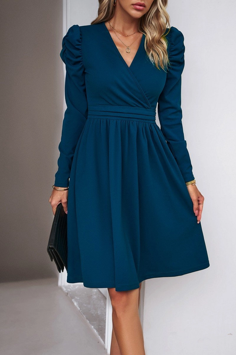 WOMEN PUFF SLEEVE V NECK WARP STYLE SWING DRESS Studio Style