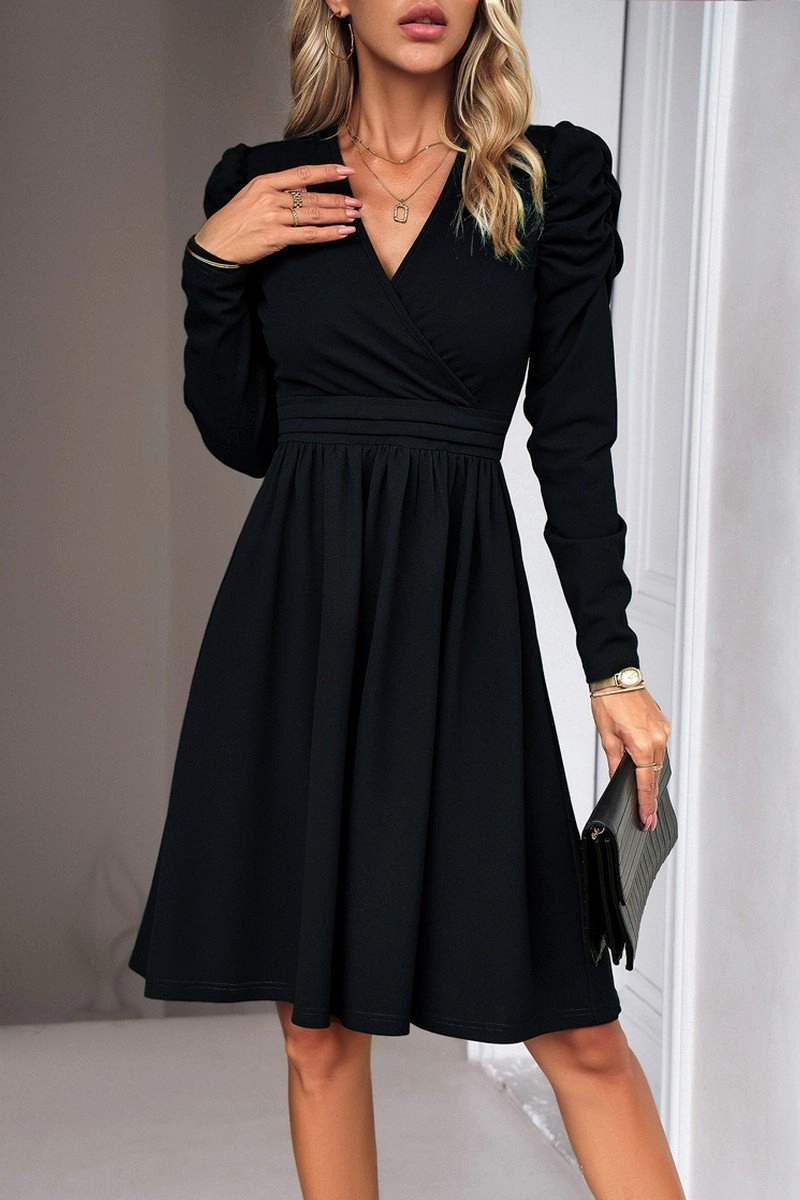 WOMEN PUFF SLEEVE V NECK WARP STYLE SWING DRESS Front-Zip Side Tie