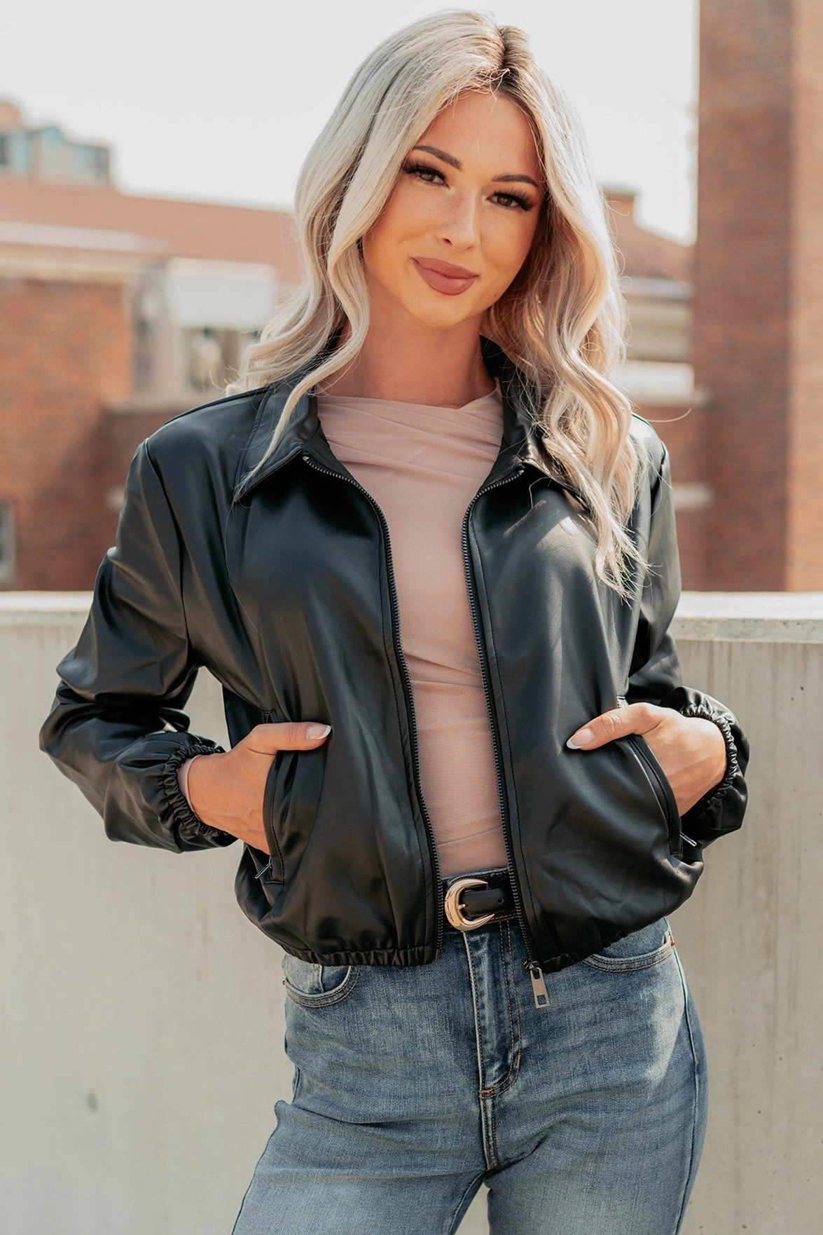 Fearless Moves Faux Leather Zip-Up Jacket (Black) UV Protective Coating