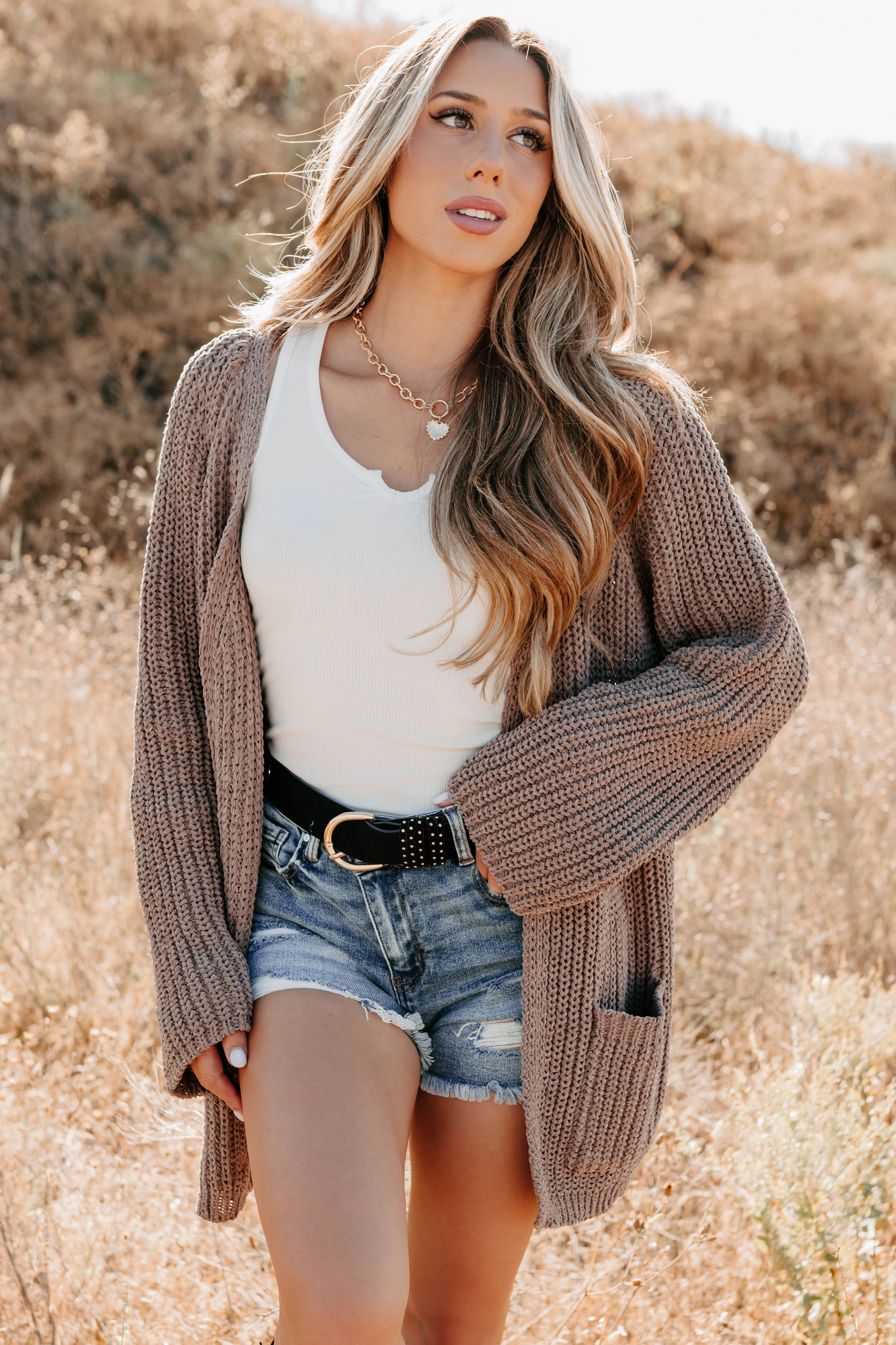 UV Protection Enhanced SheerLayering Feeling Right POL Chenille Knit Cardigan (Mocha)