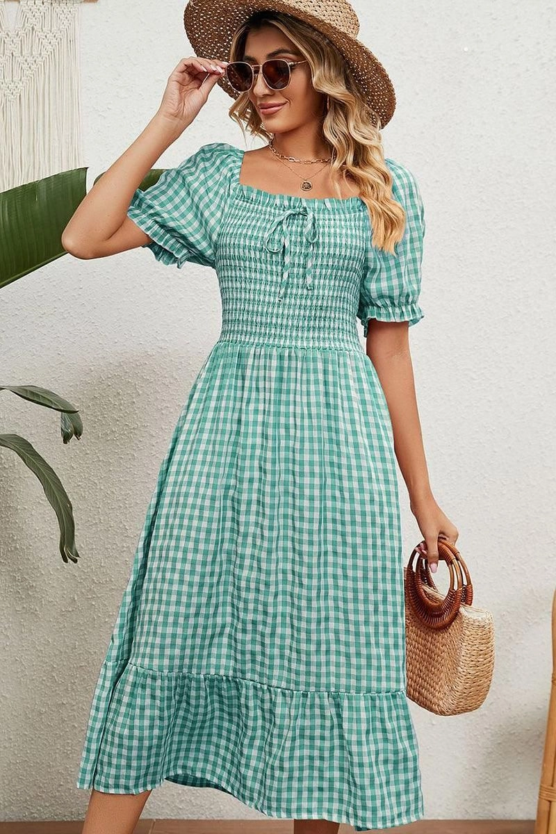 SQUARE NECK WRINKLED PUFF PLAID PICNIC DRESS ContrastStitching Matte-Lining