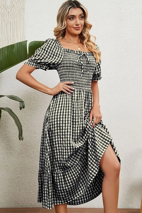SQUARE NECK WRINKLED PUFF PLAID PICNIC DRESS Move Free Linen Love