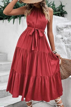TIED WAIST TIERED HALTER DRESS Soul Warm