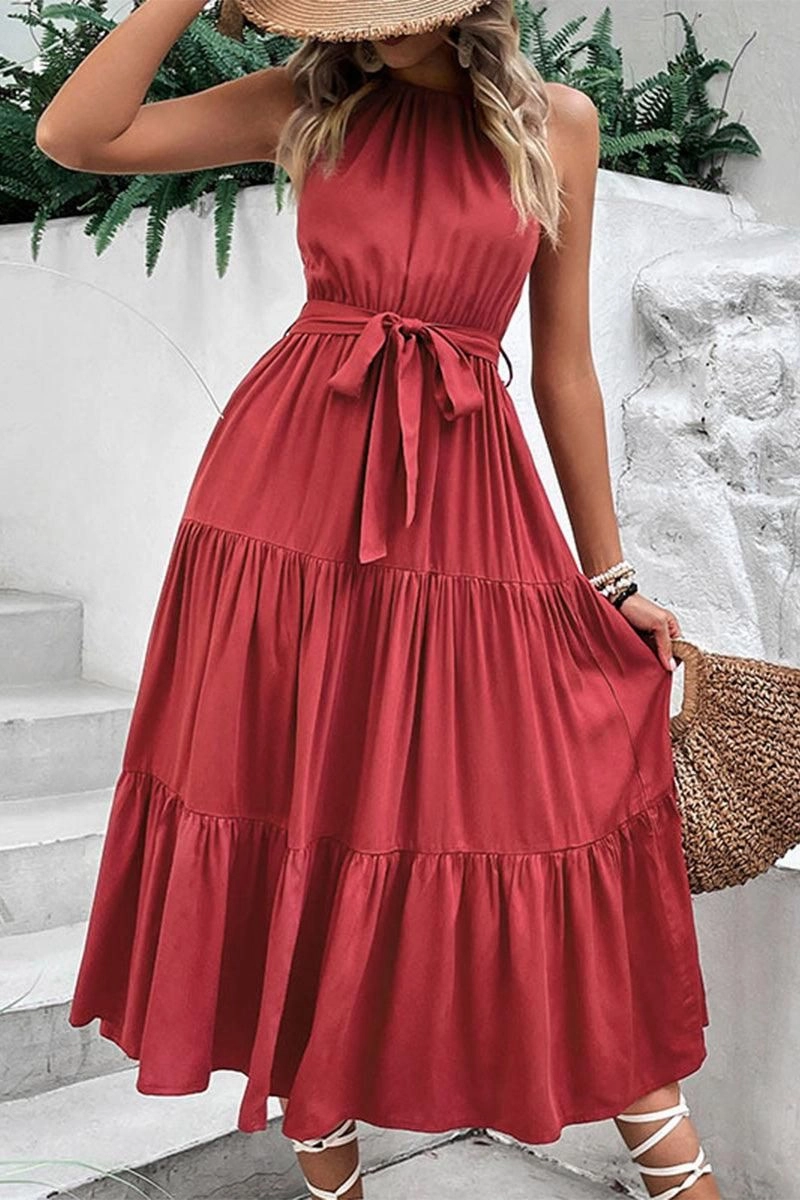 TIED WAIST TIERED HALTER DRESS Soul Warm