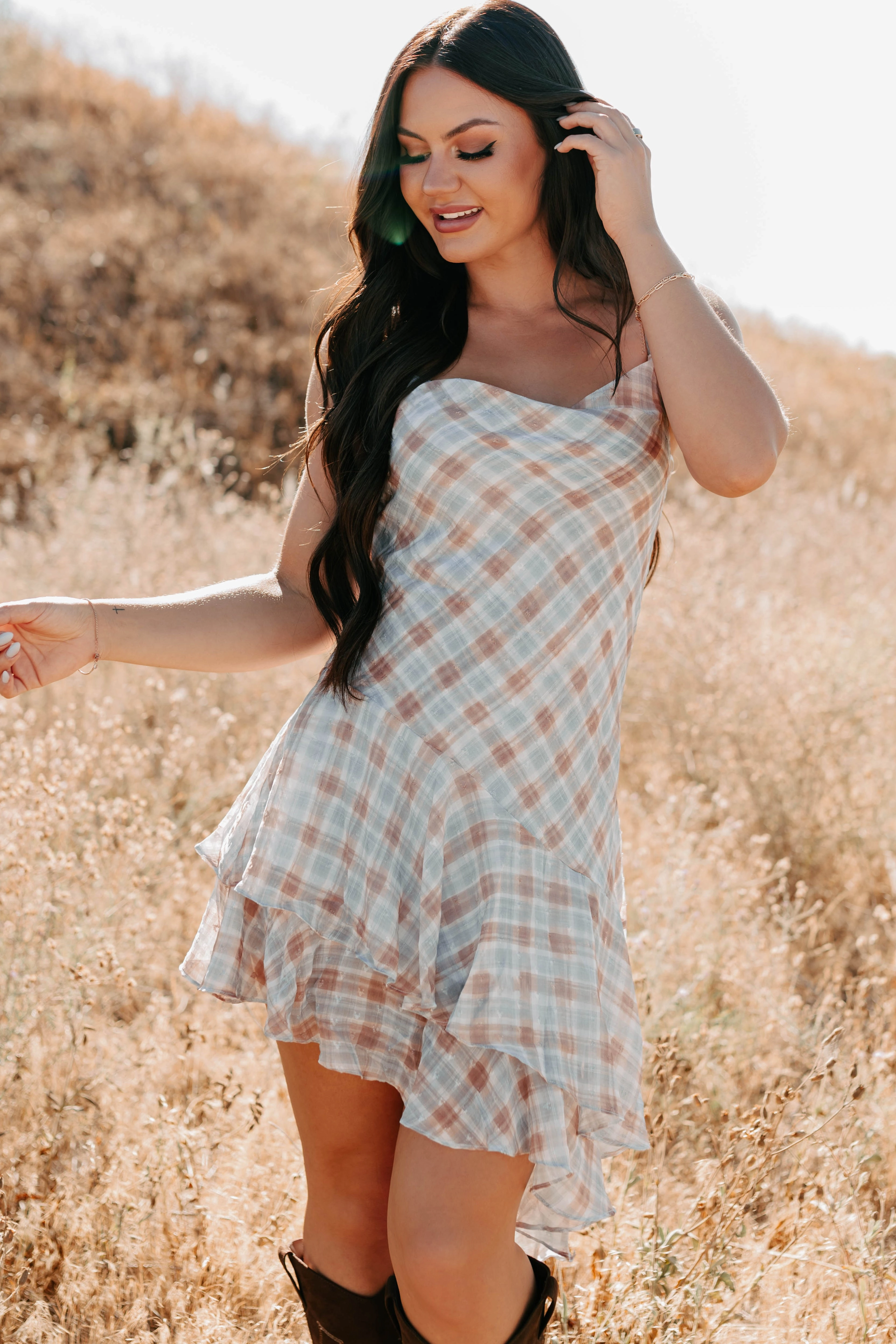 Light Aesthetic Queening Out Plaid Asymmetrical Mini Dress (Taupe/Grey)