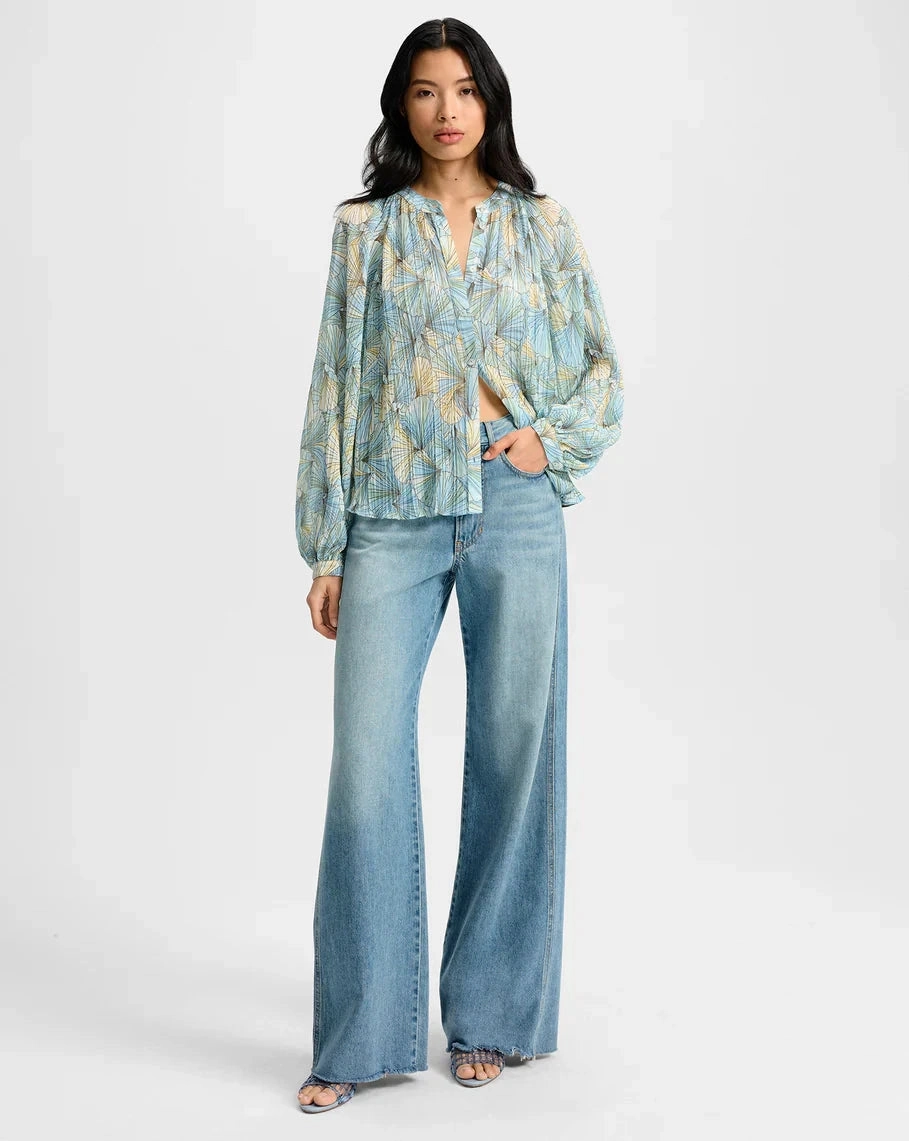 Fennel Pleated Blouse Powder Blue Multi Ventilated Back Panels Vintage Pullover