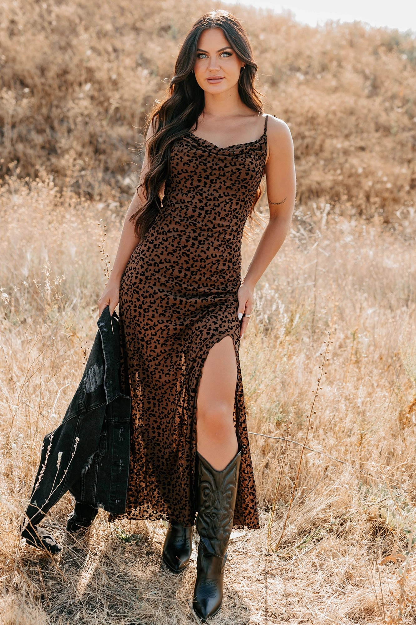 Stand On That Cowl Neck Leopard Maxi Dress (Brown) - Ships by 9/19 Clean Edge