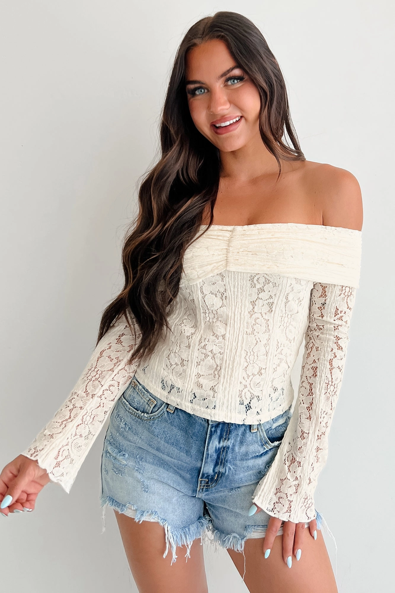 First Kiss Feelings Off Shoulder Lace Top (Ivory) PreWashed Lightweight pullover