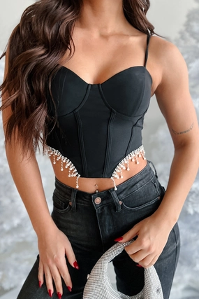 Fixed On You Rhinestone Pearl Fringe Top (Black) Quick-Dry